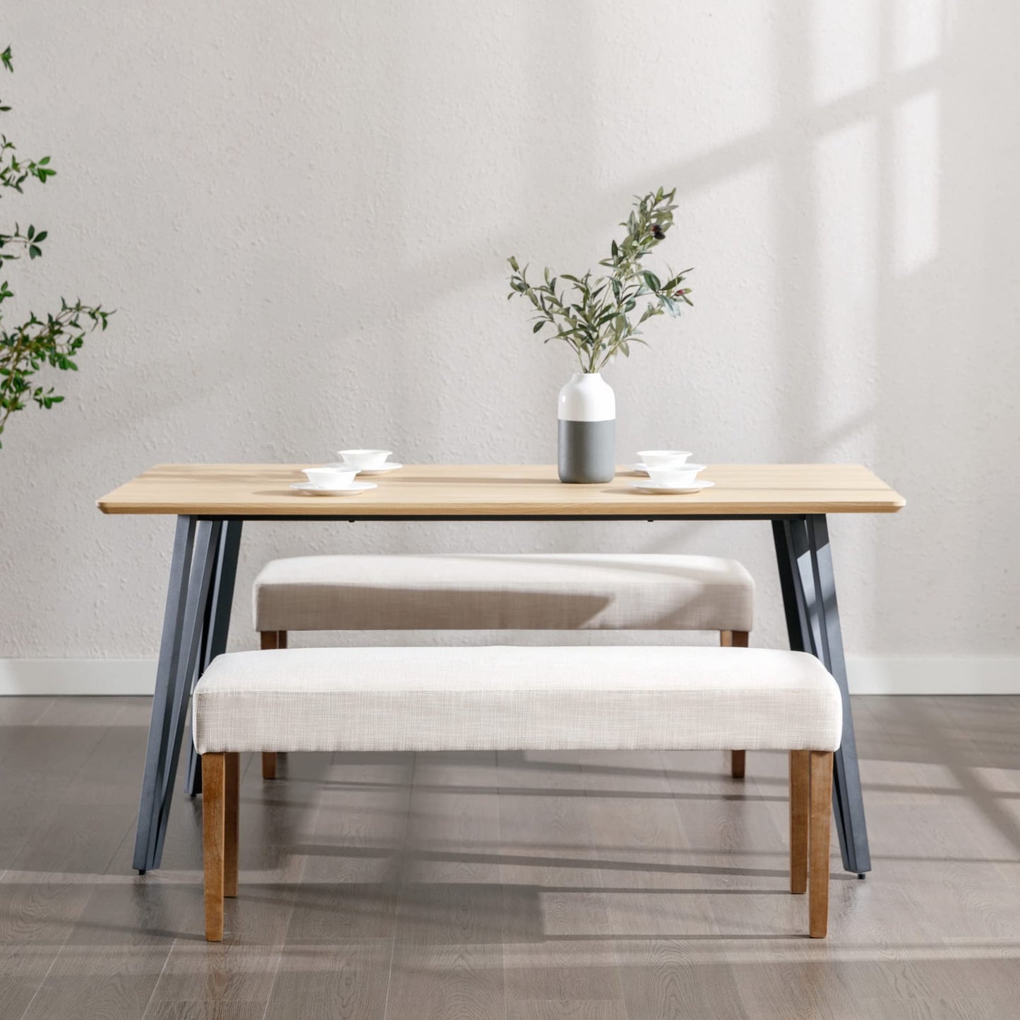 Wahson Farmhouse Linen Upholstered Dining Bench, 45" Long Dining Room Bench Seat with Natural Wood Legs, Beige