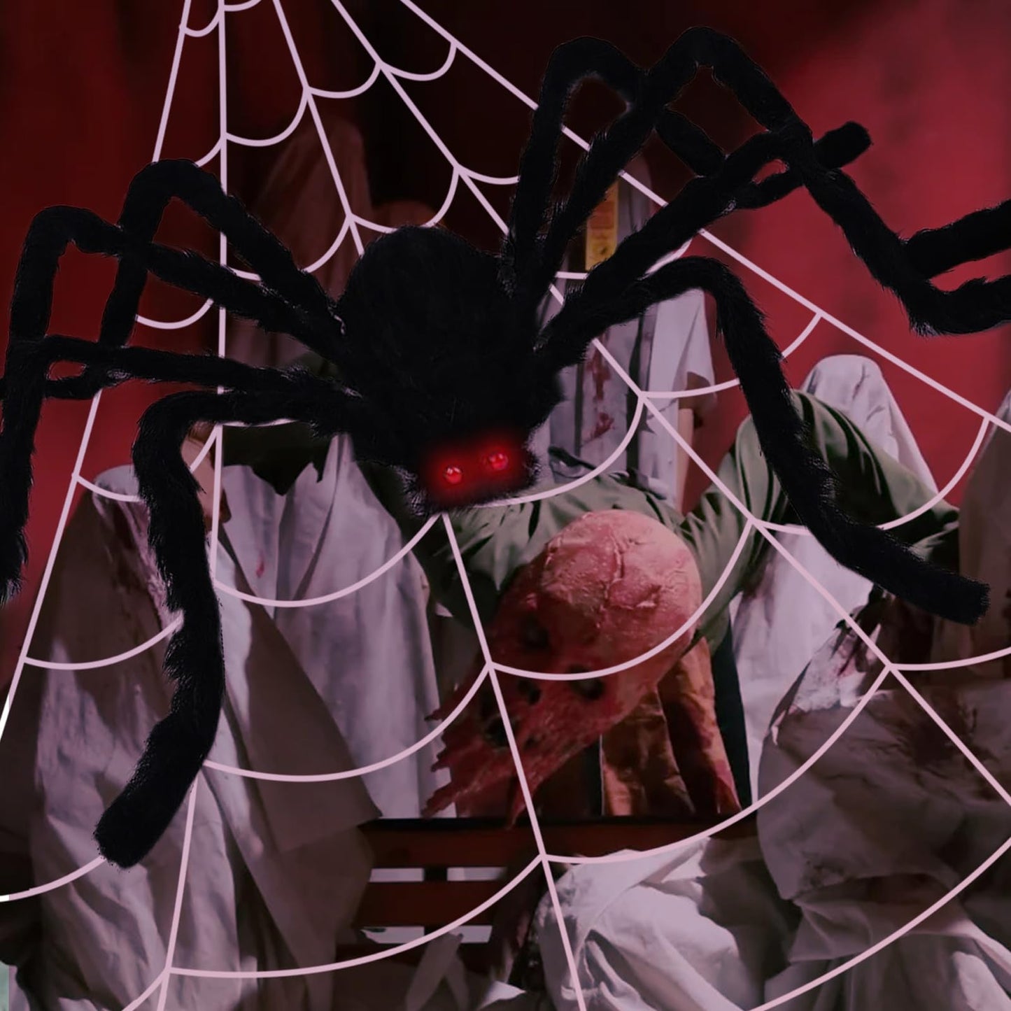 16.5Ft Giant Spider Web + 5Ft Hairy Spider & Stretch Cobwebs - CJYGEGE Halloween Decorations Scary Fake Spider with Triangular Huge Spider Web Large Props for Outdoor Indoor Haunted House Porch Yard