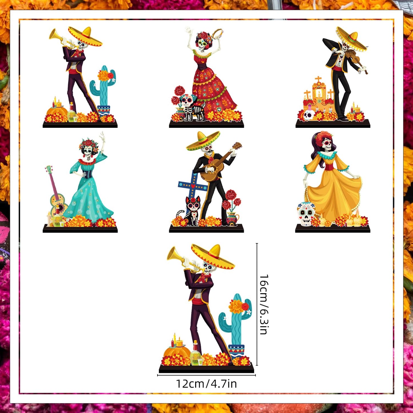 6Pcs Dia De Los Muertos Decorations Wooden Table Centerpiece Day of the Dead Decorations Dancing Couple Sugar Skull Table Topper Photo Props for Mexican Day of The Dead Party Tiered Tray Decor