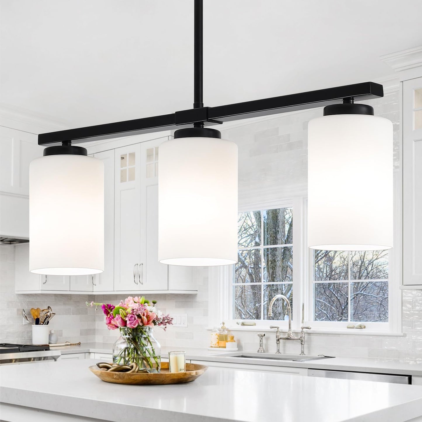 21.25'' Kitchen Island Light Fixtures, 3-Light Modern Dining Room Light Fixture, Black Pendant Lights with Milk Glass Shade, Linear Chandelier over Dining Table Lighting with Adjustable Rod, UL Listed