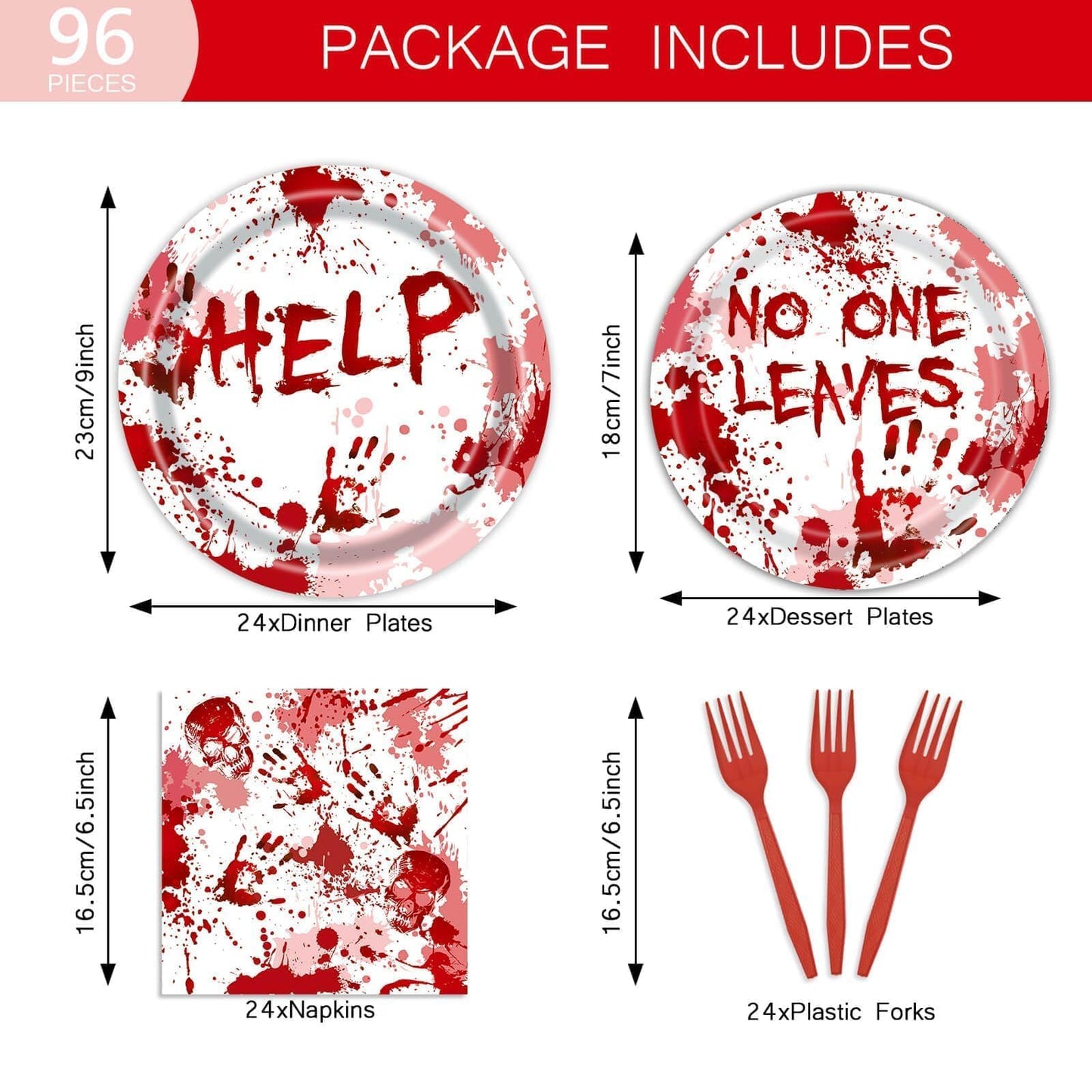 96Pcs Scary Halloween Party Plates Supplies Blood Splatter Party Tableware Sets Decorations Zombie Vampire aunted House Birthday Disposable Paper Plates Napkins Forks Serves 24