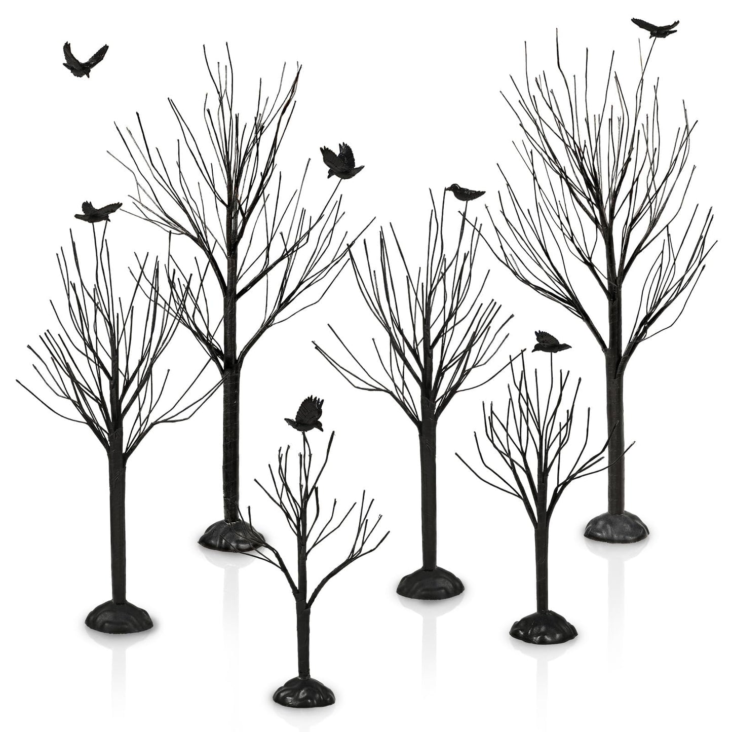 Warmtree 6 Pcs Halloween Village Trees Mini Decor Tree Artificial Tabletop Branch Trees, Halloween Village Accessories with Crows Figurine for Holiday Home Garden Office Festival Decor