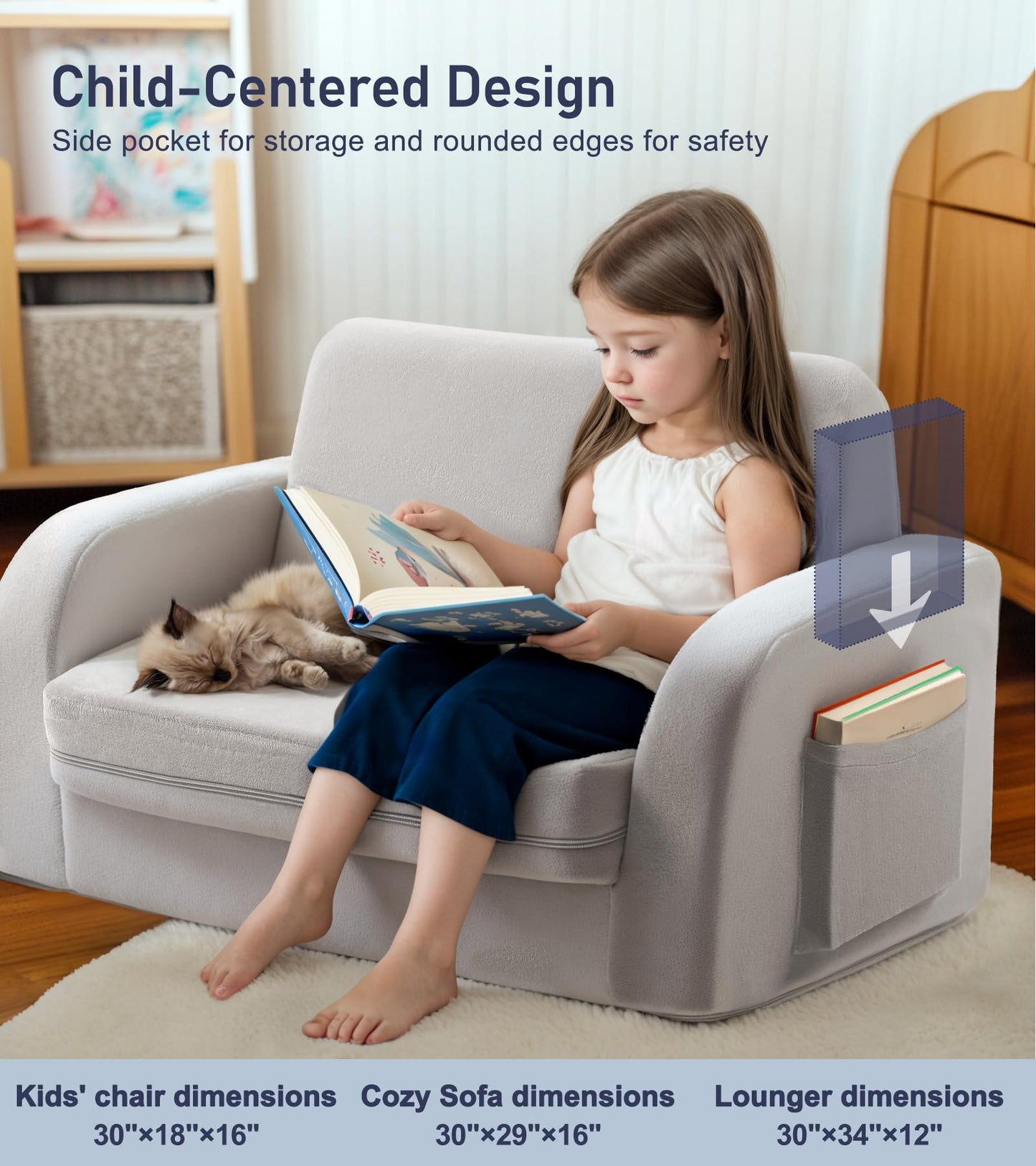 3-in-1 Extra Wide Convertible Kids Couch, Flip Open Toddler Couch to Lounger, Comfy Toddler Chair, Machine-Washable Kids Sofa for Girls, Kid Sofa Bed for Fun Playtime or Comfy Lounging, Gray