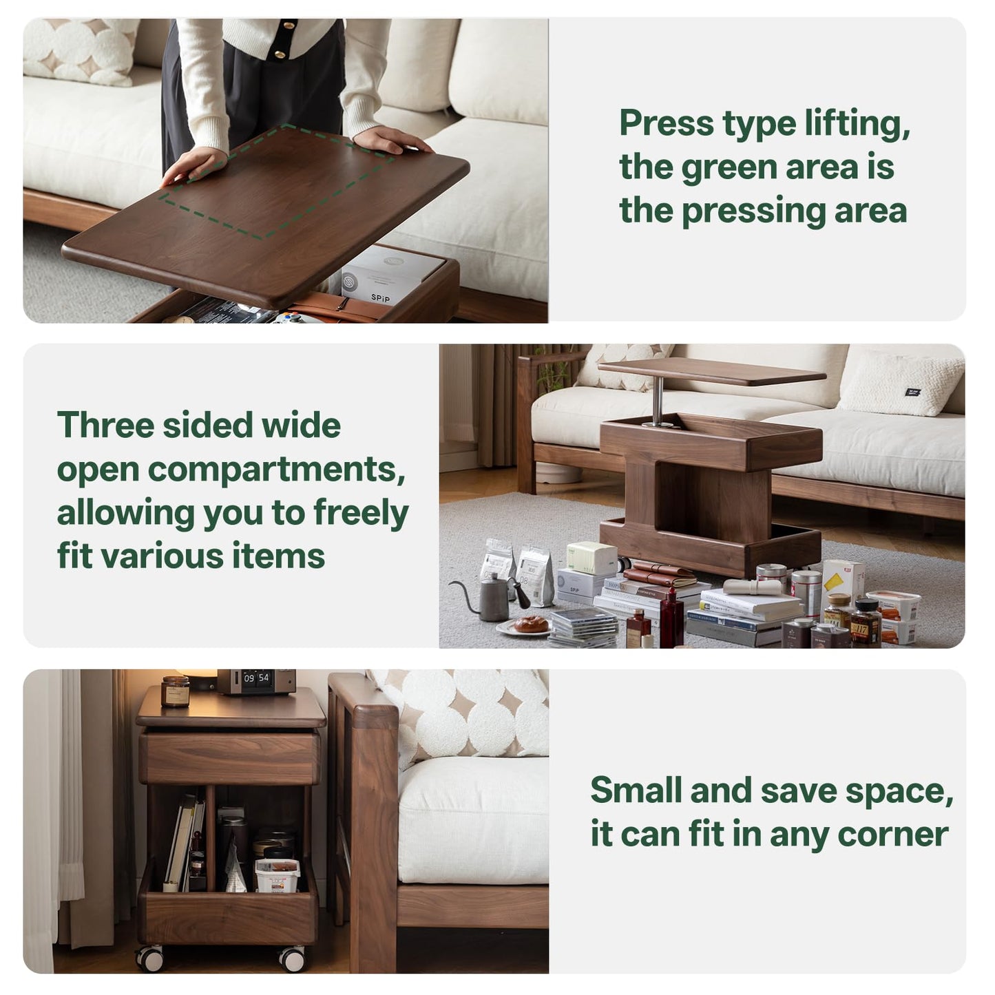 100% Solid Wood Lift Top Coffee Table with Storage, Small Bedside Table with Wheels and Rotating Desktop, Transform Coffee Table for Living Room, Recliner and Small Places(Walnut, No Need to Install)