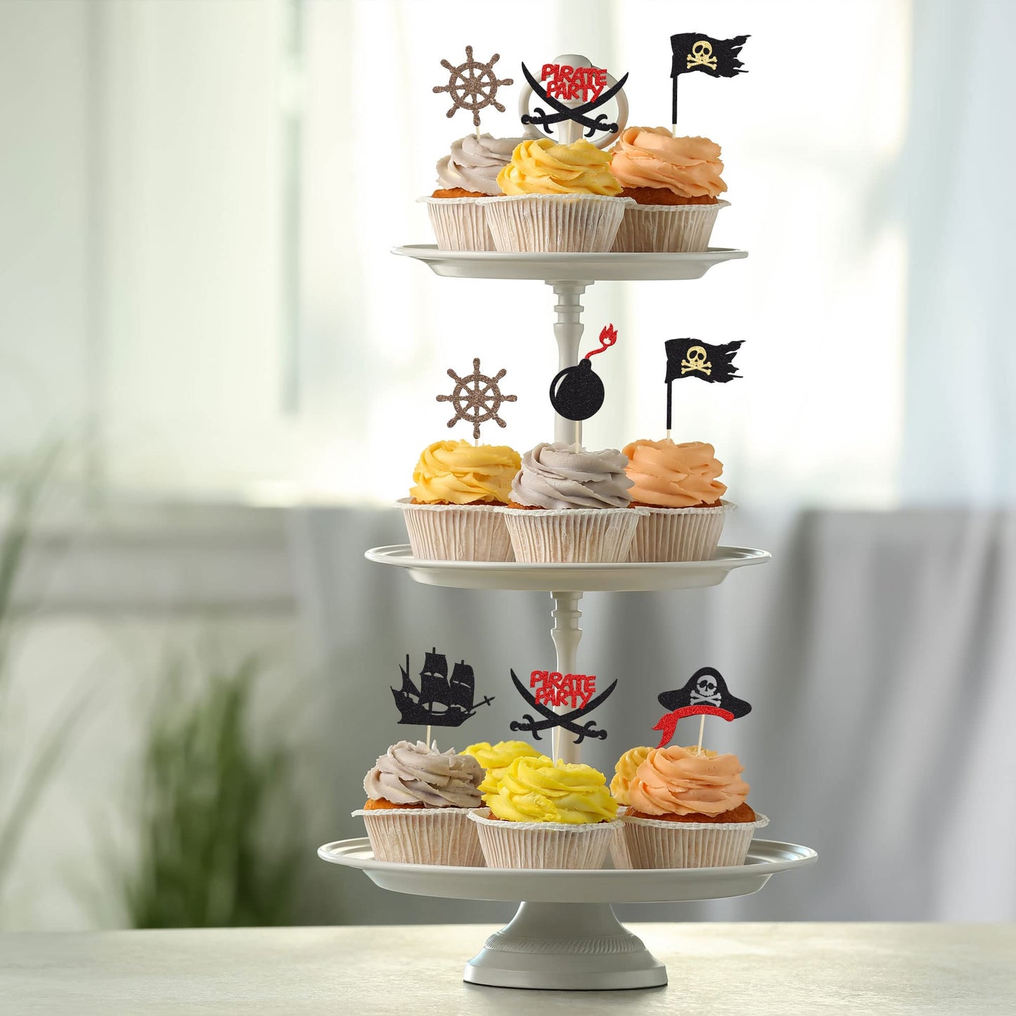 24Pcs Pirate Cupcake Toppers Black Glitter Nautical Sailing Skull Cap Cupcake Picks for Pirate Theme Baby Shower Kids Birthday Party Cake Decorations Supplies