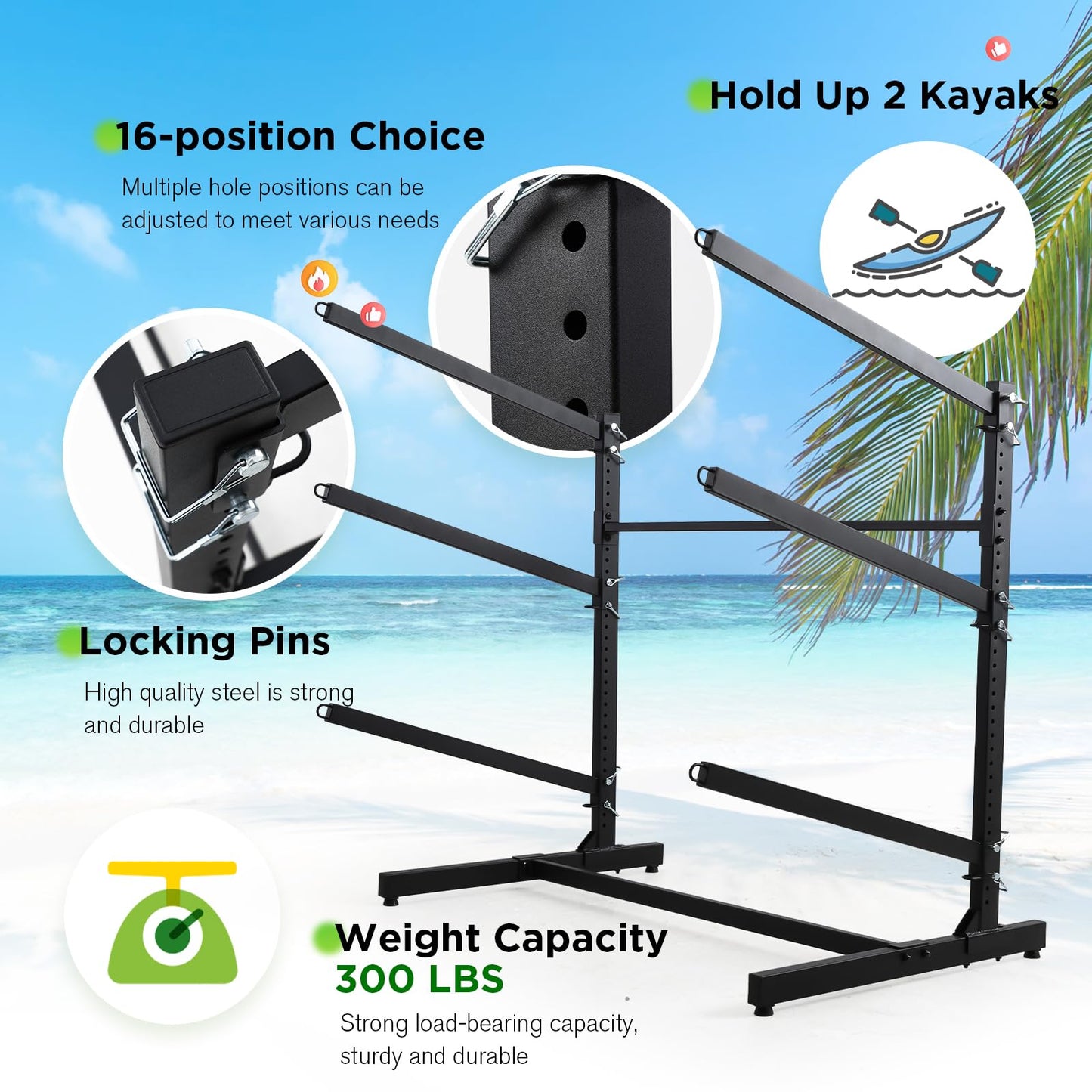 Danrelax Freestanding Kayak Storage Rack – Weatherproof, Holds Kayaks up to 46'' Length and 36'' Width, Adjustable Height 28''-42'' for Indoor Use