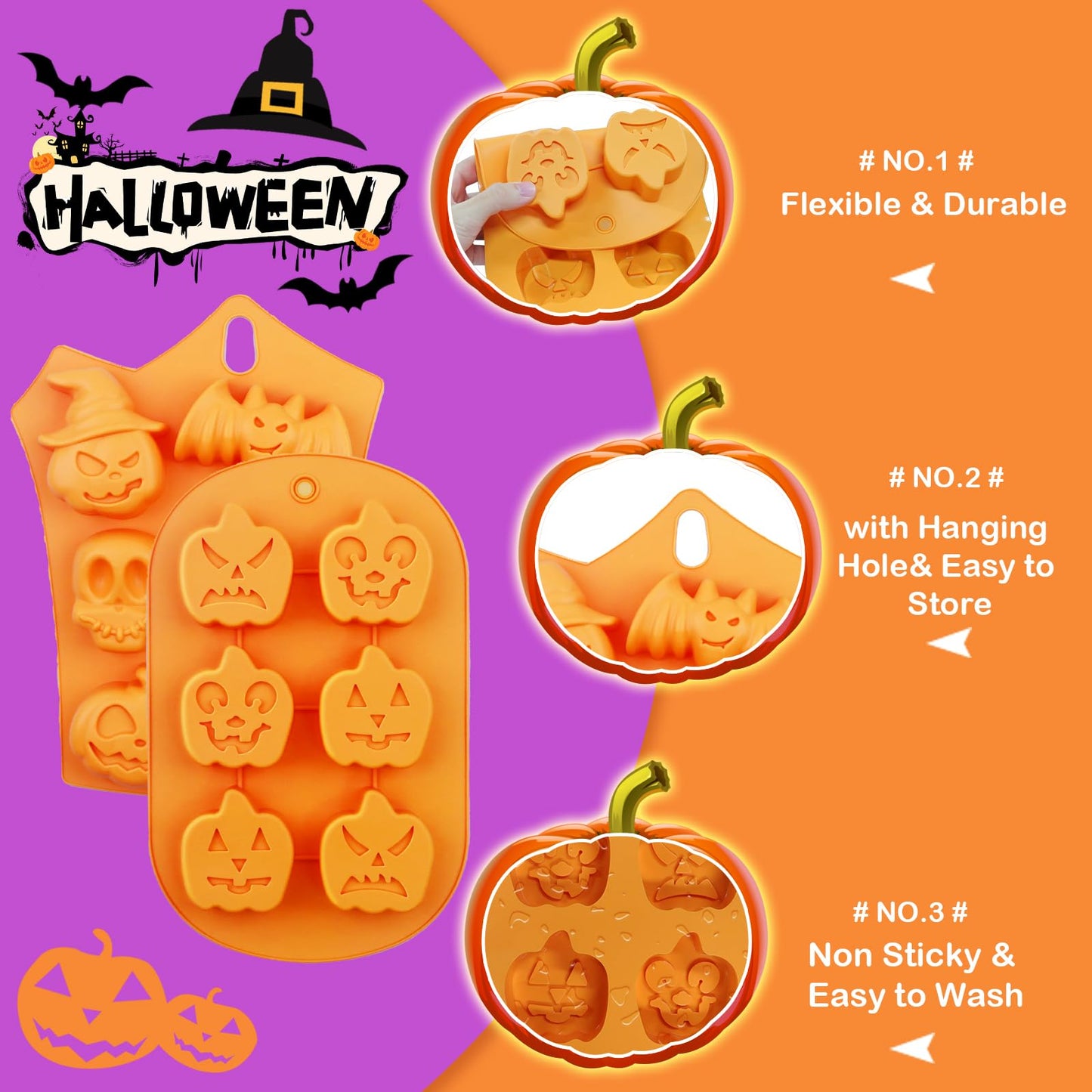 3Pcs LEBERY Halloween Silicone Molds Ghost Pumpkin Skulls Witch Hat Silicone Mold, Non-Stick Halloween Candy Mold Chocolate Cake Cupcake Jelly Ice Cube Baking Crayon Melt Biscuits Fondant Moulds