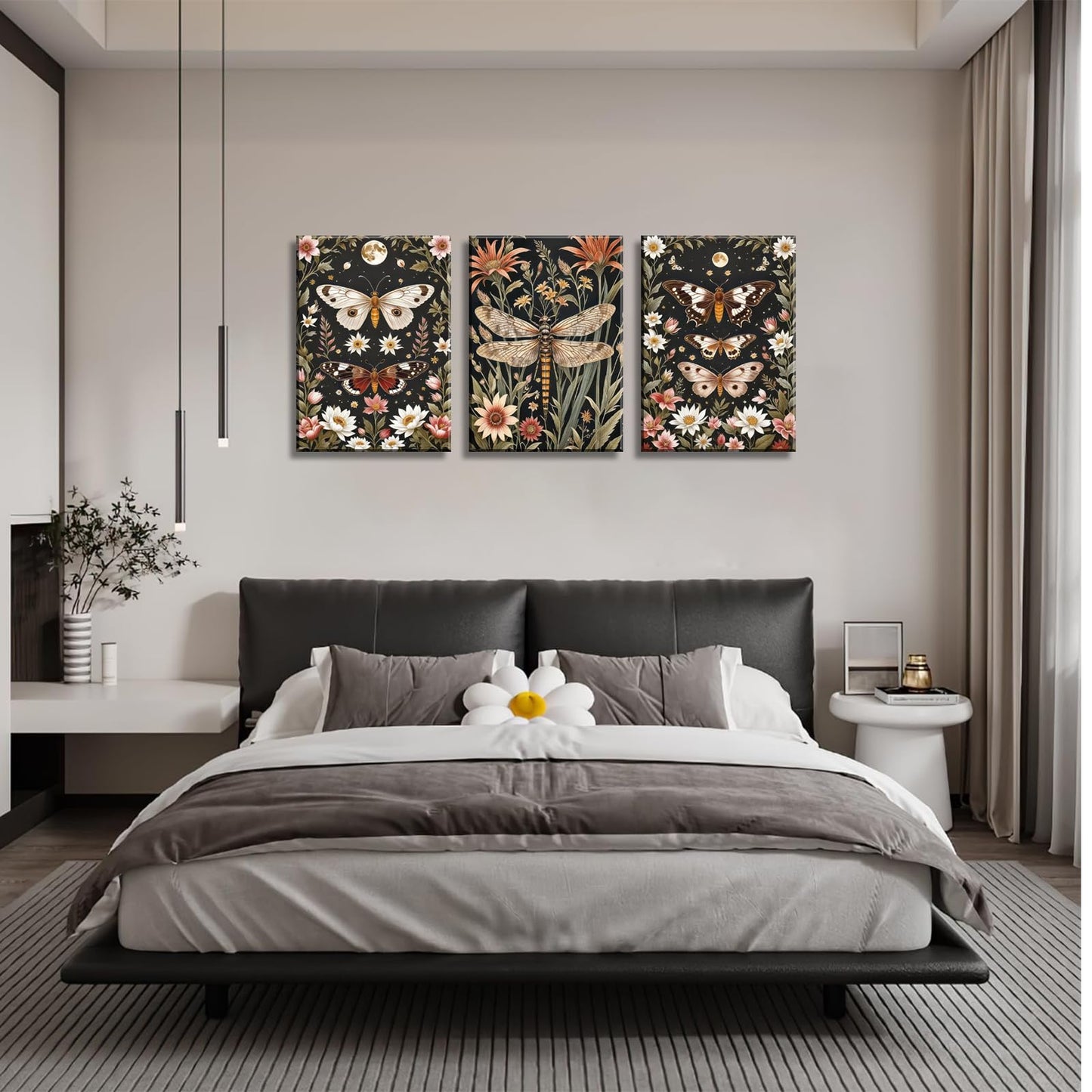 3Pcs Vintage Insect Wall Art Moody Insect Canvas Pictures Butterfly and Dragonfly Prints for Living Room Bedroom Bathroom 12x16in Canvas