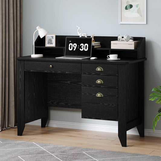 4 EVER WINNER Black Desk with Drawers, Small Computer Desk with File Drawer & Hutch for Small Spaces, Home Office Desks Writing Study Table with Monitor Stand, Black