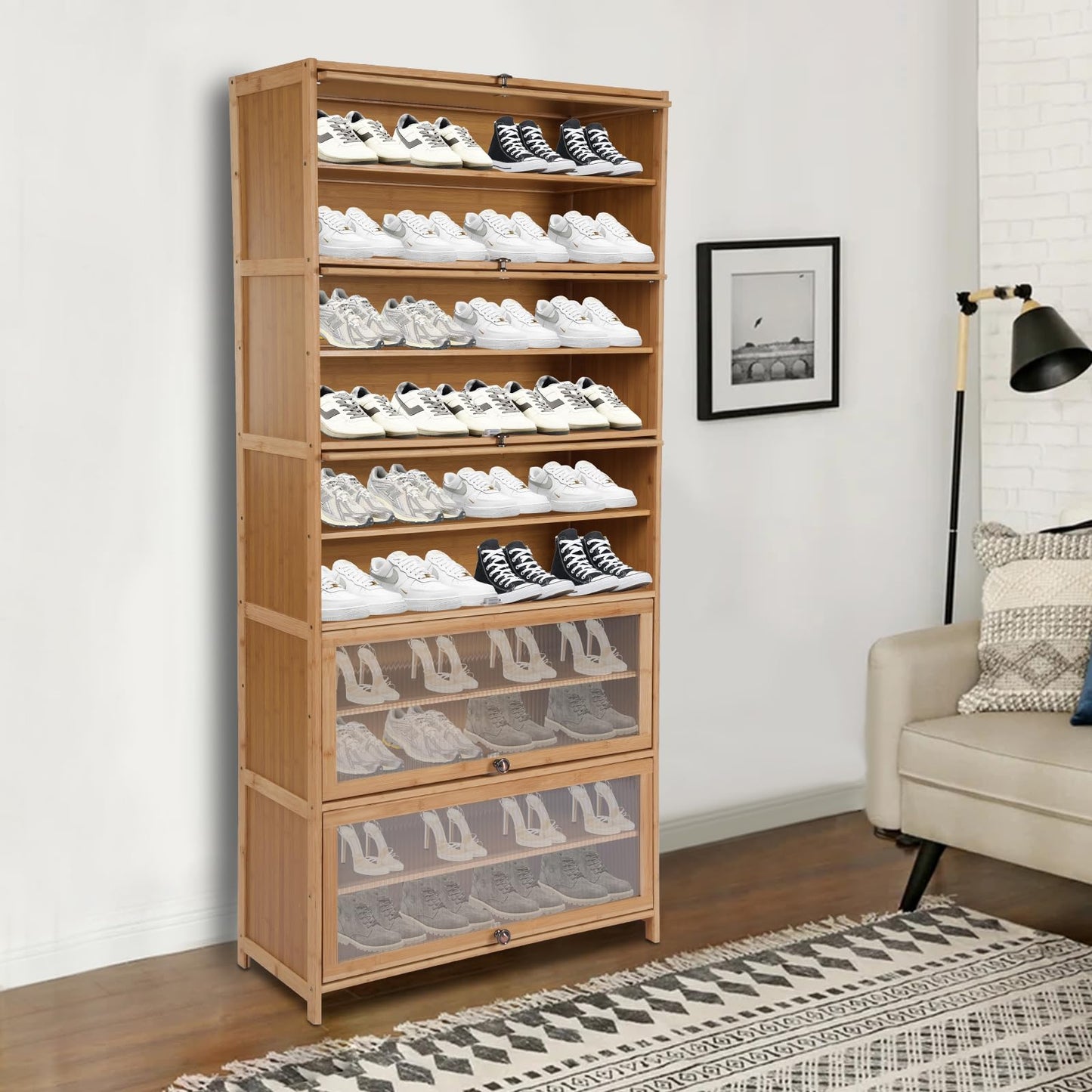 Weglae 10 Tiers Shoe Storage Cabinet,Bamboo Shoes Shelf Organizer,Shoe Rack with Transparent Acrylic Cabinet Door,Free Standing Shoes Shelf for Entryway Bedroom,31.5 * 12.6in,Brown (Brown)