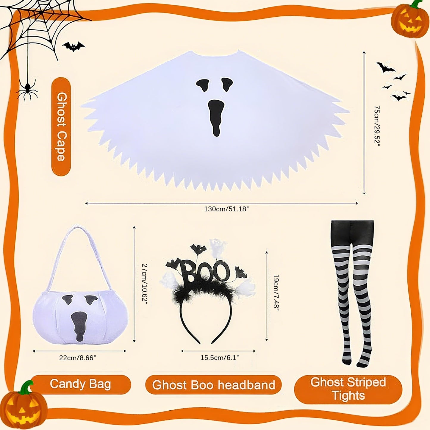 5 PCS Halloween Costume Set for Women Adult Ghost Costume, Poncho, Candy bag, Ghost Headband and Nylon Striped Tights for Halloween Cosplay Party