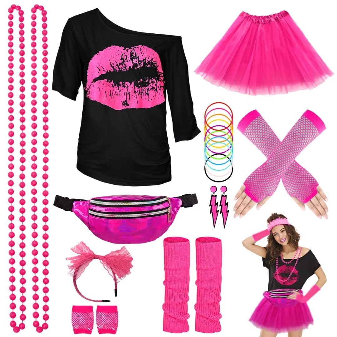 WILDPARTY Costume Accessories, T-Shirt Tutu Fanny Pack Headband Earring Necklace Fishnet Gloves Legwarmers 80s Party Halloween Outfit for Women 24PCS (Pink M)