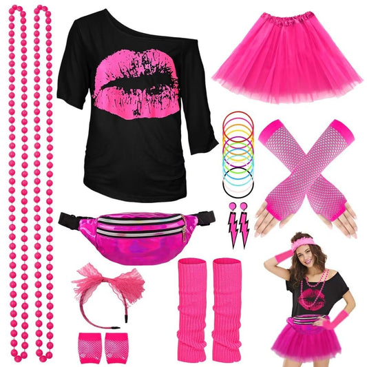 WILDPARTY Costume Accessories, T-Shirt Tutu Fanny Pack Headband Earring Necklace Fishnet Gloves Legwarmers 80s Party Halloween Outfit for Women 24PCS (Pink M)