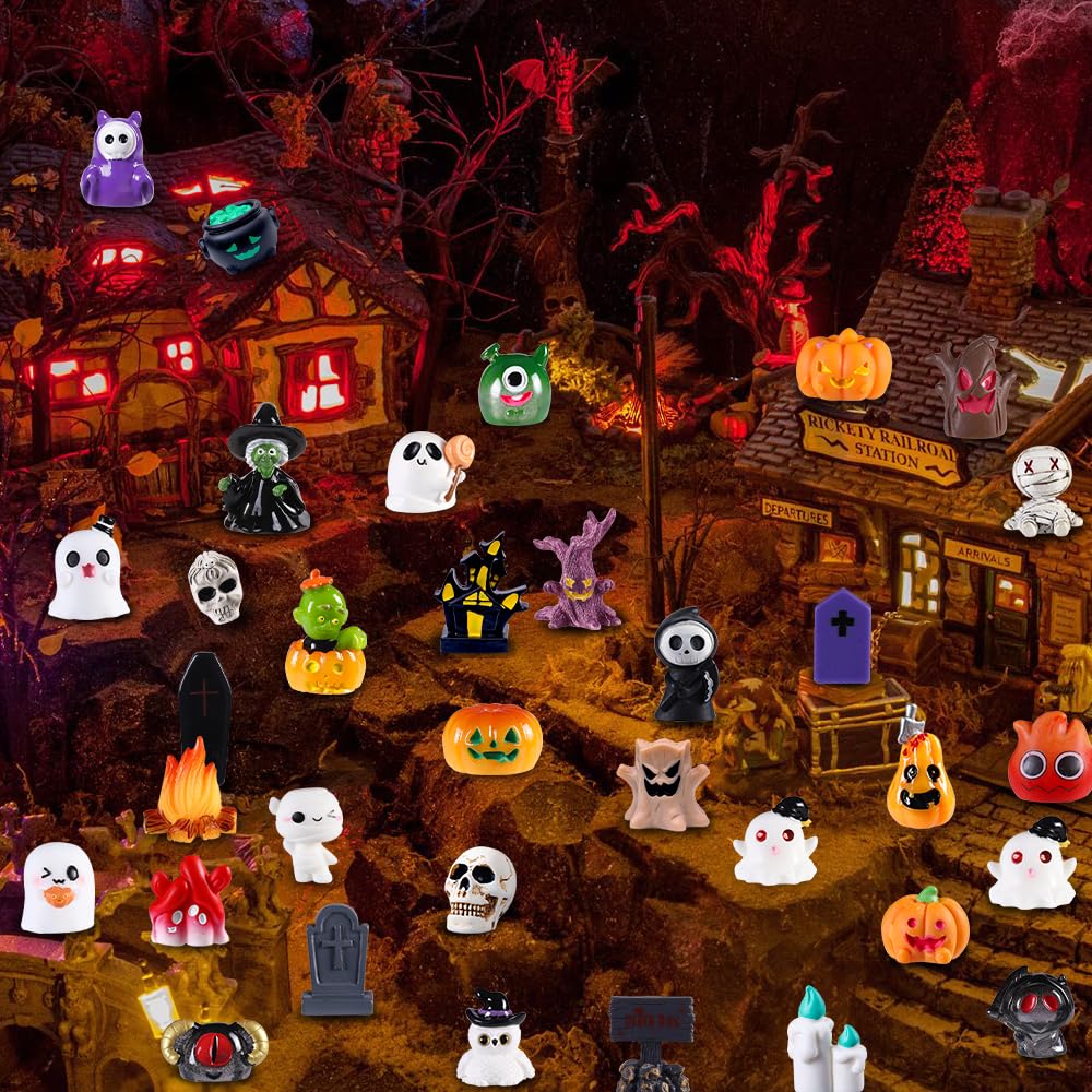 50pcs Halloween Mini Resin Figures 50 Styles Tiny Resin Figurines Little Small Figures to Hide Pumpkin Ghost Skull Miniatures Bulk for Halloween Party Favors Bag Fillers Garden Dollhouse Decor