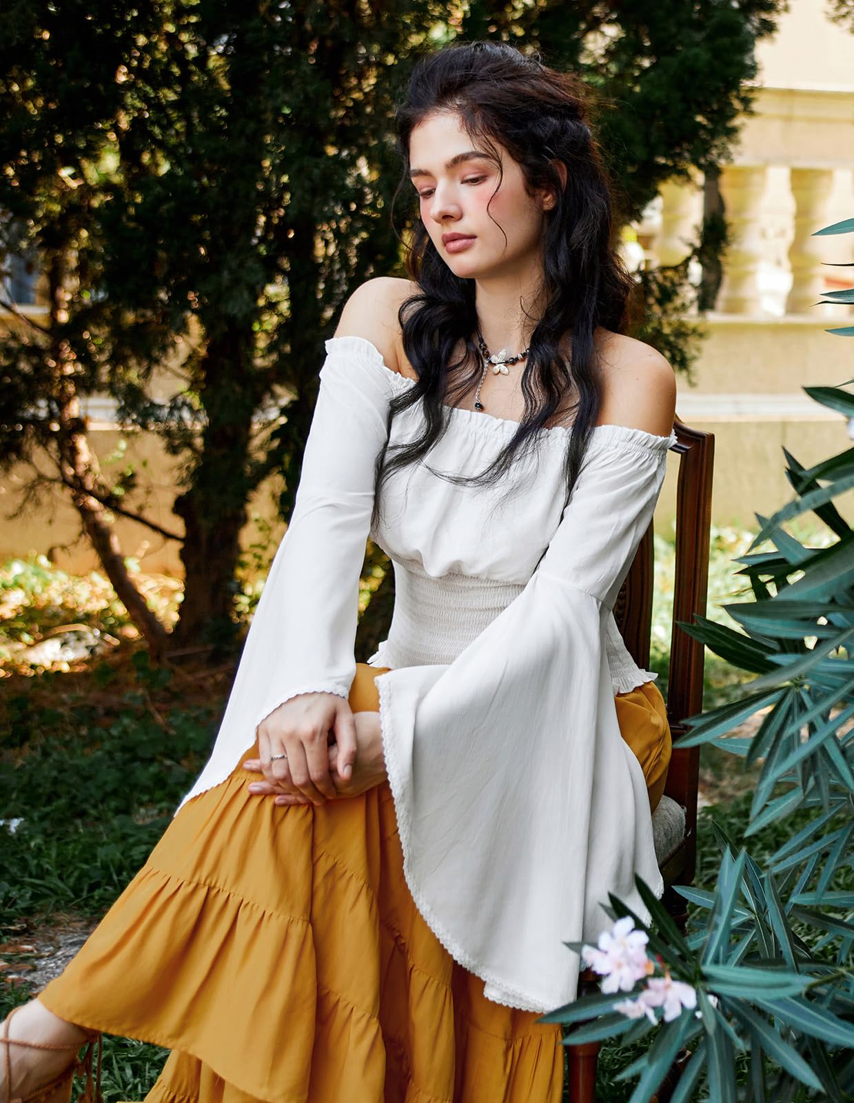 White Off The Shoulder Tops for Women 2024 Smocked Summer Peasant Blouse Bell Sleeve Top Renaissance Shirt White M