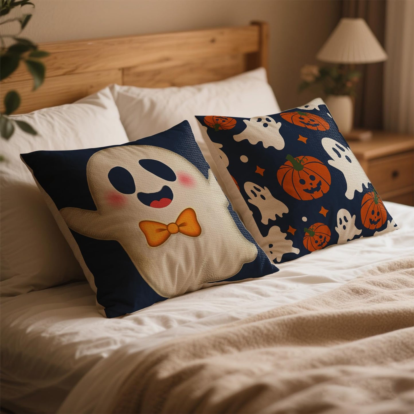 4Pcs Halloween Pillow Covers 18x18 Inch Cute Ghost Pumpkins Bats Decoration Pillow Covers Outdoor Happy Halloween Decoration Pillows Case for Room Sofa Patio Funiture Bedroom Couch Decor