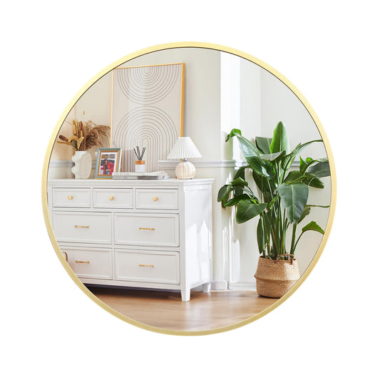 32 Inch Round Mirror for Wall, Gold Metal Frame Circle Mirror, Round Bathroom Mirror for Wall Decor, Rounds Wall Mirror for Entryway, Vanity, Bedroom, Easy to Install