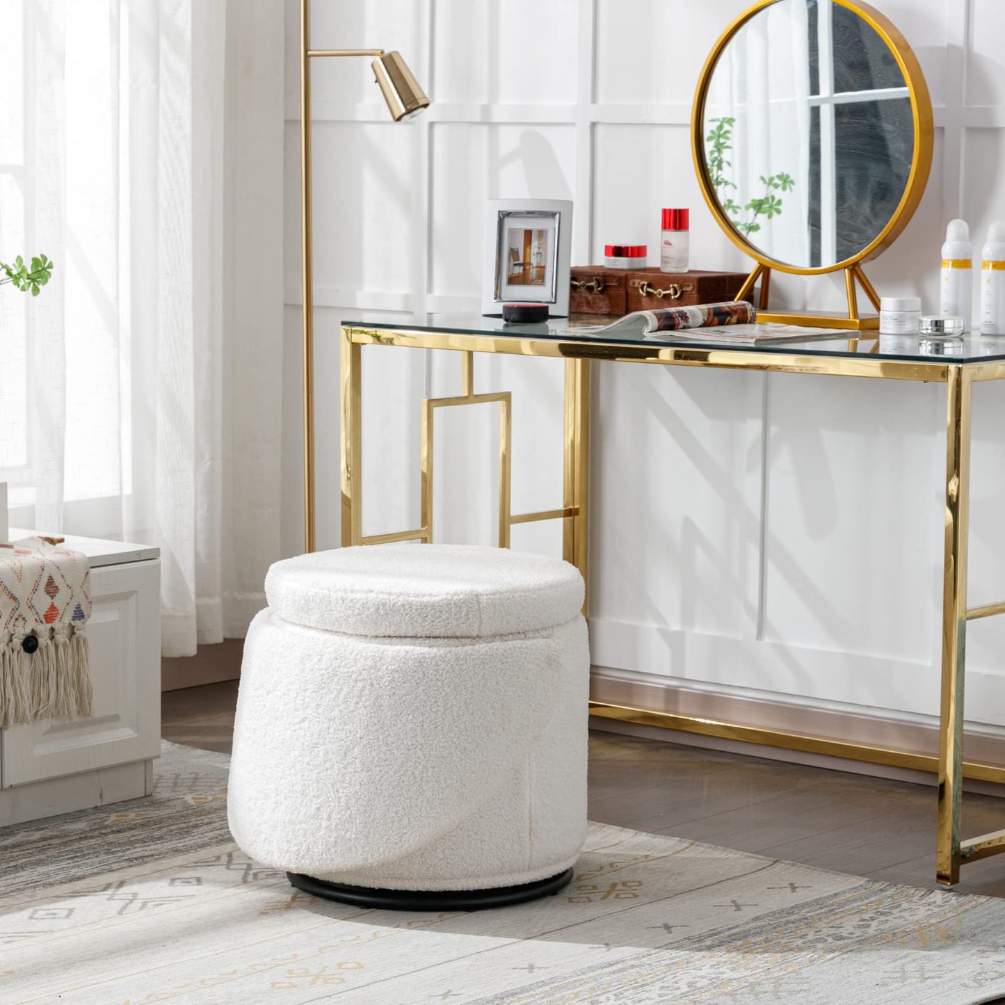Ya-Home Modern Swivel Ottoman Vanity Chair, Sherpa Upholstered Barrel Chair Club Chair 360°Degree Swivel Side Chair with Storage, Comfy Makeup Stool for Bedroom Living Room, White
