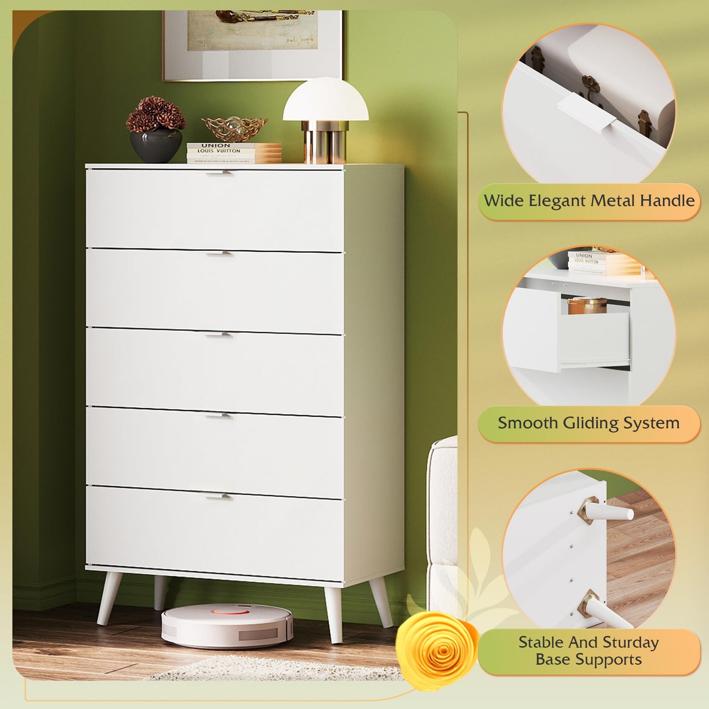 WLIVE 5 Drawer Dresser for Bedroom, Tall Wood Dresser, White Dressers Storage Organizer with Sturdy Metal Handle, Chest of Drawers for Living Room, Hallway, Closet