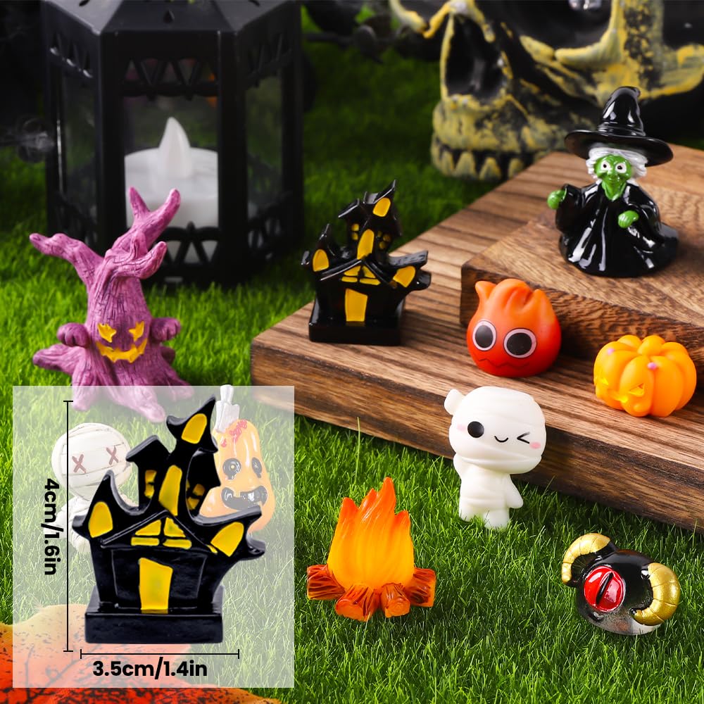 50pcs Halloween Mini Resin Figures 50 Styles Tiny Resin Figurines Little Small Figures to Hide Pumpkin Ghost Skull Miniatures Bulk for Halloween Party Favors Bag Fillers Garden Dollhouse Decor