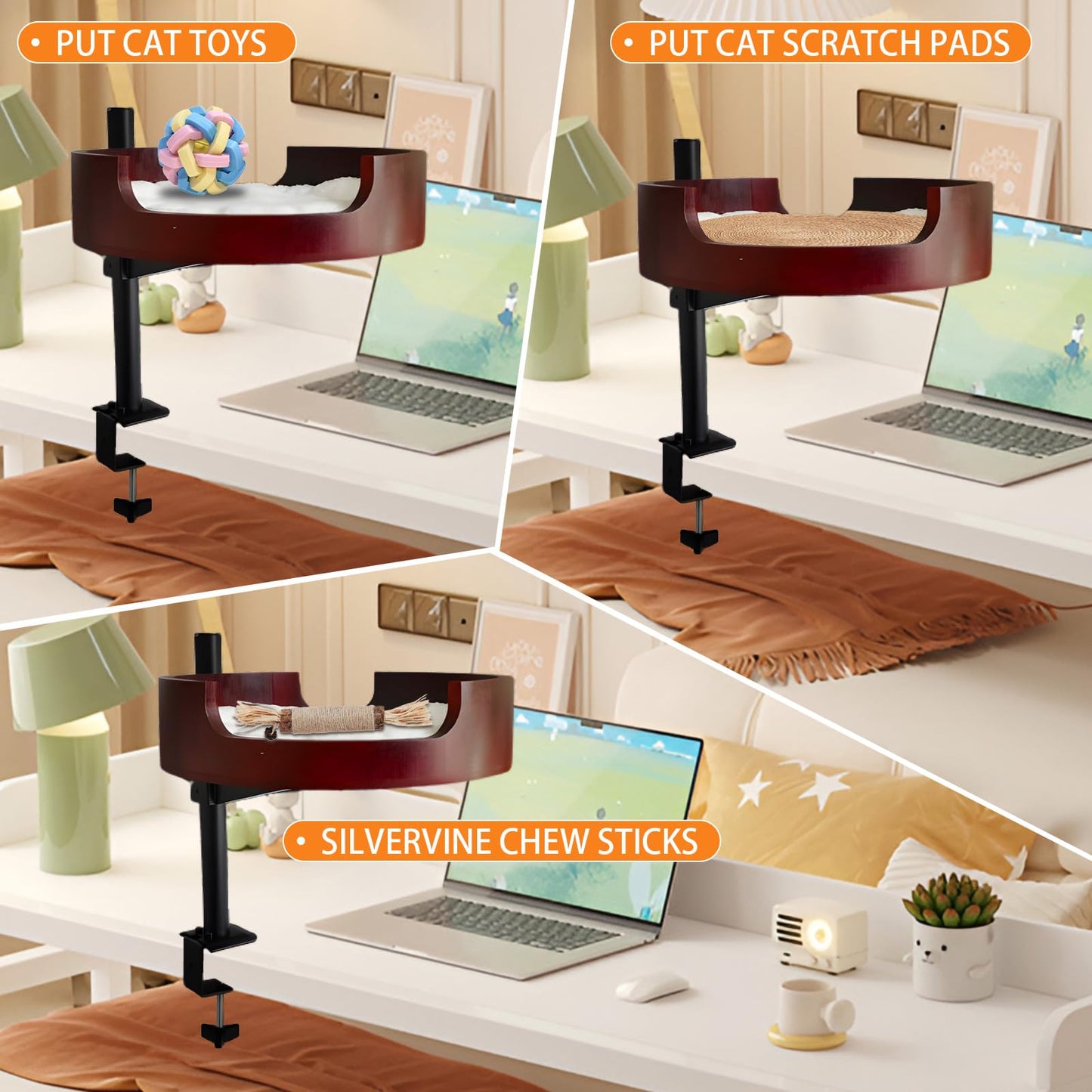 XZKING Cat Desk Bed- Adjustable Wooden Cat Bed for Home Office and Study Rooms, Desktop Kitten Furniture Attachment with Pet Mat, Ball, Mouse (Large)
