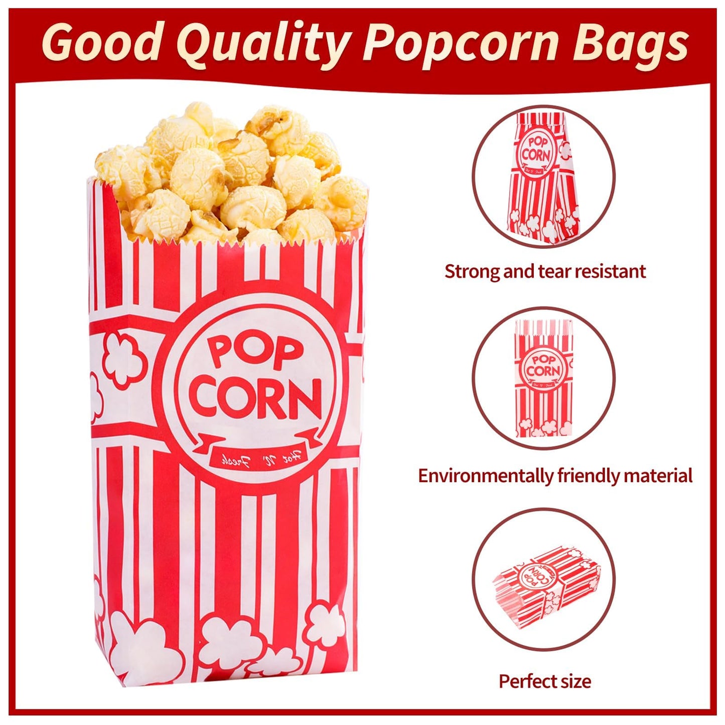 VOISEN Paper Popcorn Bags,100 Pack 1oz Popcorn Bags Individual Servings, Popcorn Bag Bulk for Popcorn Machine,Movie Nights Pop Corn Bags