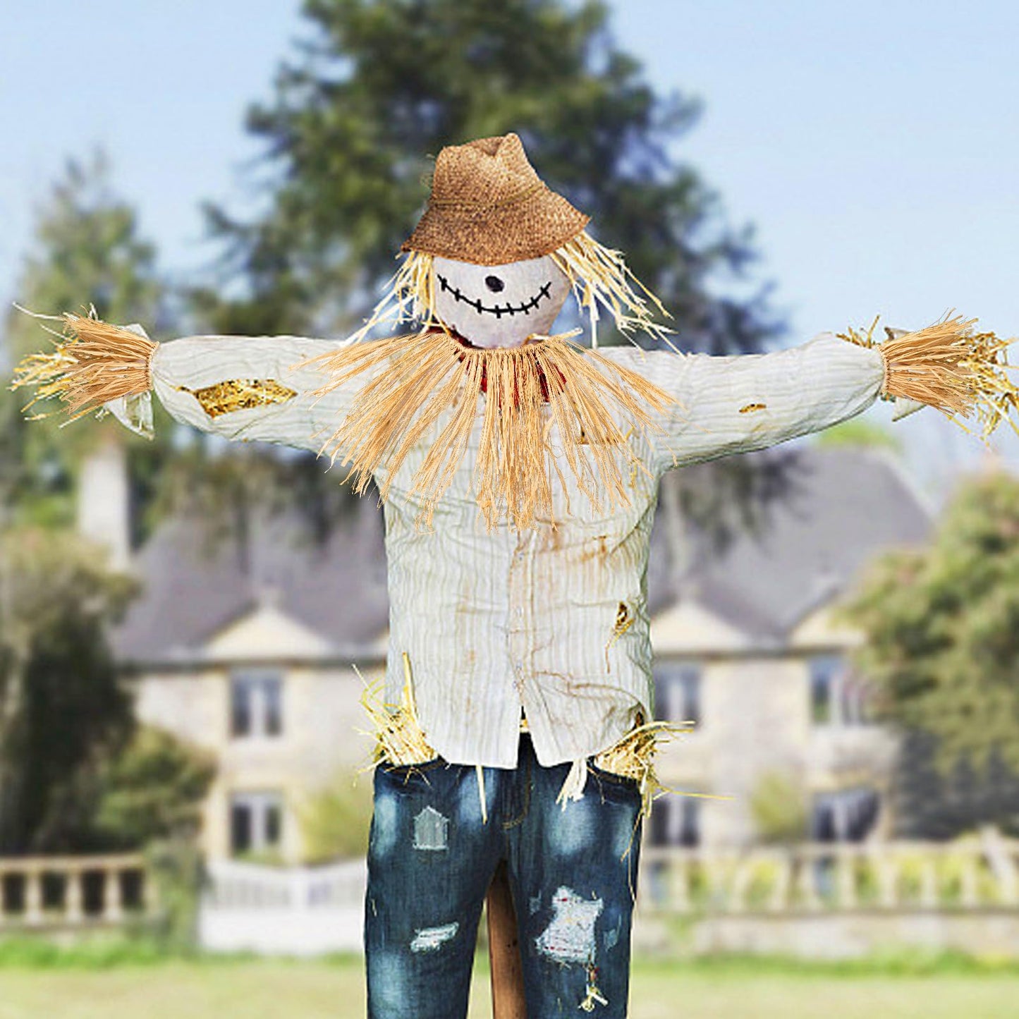 welezhu 5 Pieces Scarecrow Costume Set Include Raffia Scarecrow Straw Kit Scarecrow Hat for Halloween Harvest Party Accessory