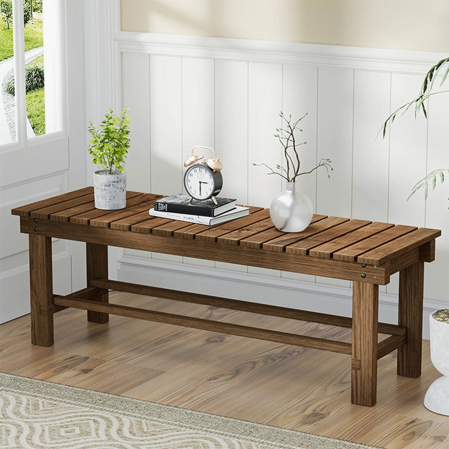 YangAera 35.4'' Outdoor Garden Benches Weatherproof Patio Bench Two-Person Seat Backless Bench Wood Bench with Slatted High Temperature Bench for Front Porch Backyard (Upgraded to Prevent Fading)