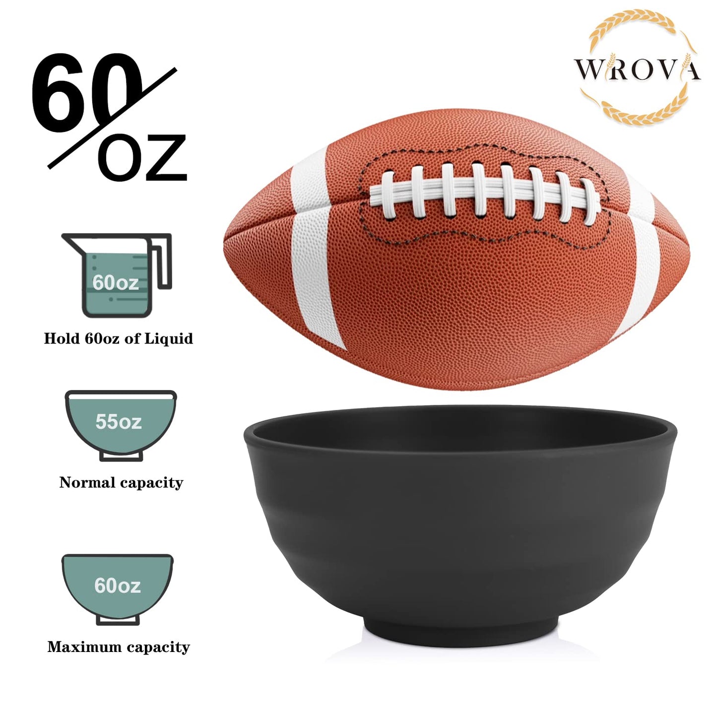 Wheat Straw Bowls Set 60 OZ Unbreakable Large Cereal Bowls Set of 6 Microwave and Dishwasher Safe Bowls Big Bowls for Camping and Picnic BPA Free Soup Bowl for Serving Oatmeal and Salad. Black