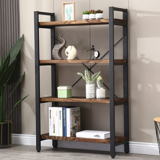 WH-AOERPUMY Solid Wood Bookshelf, 4-Tier Rustic Vintage Industrial Etagere Bookcase, Open Metal & Wood Vintage Book Shelf, Retro Brown