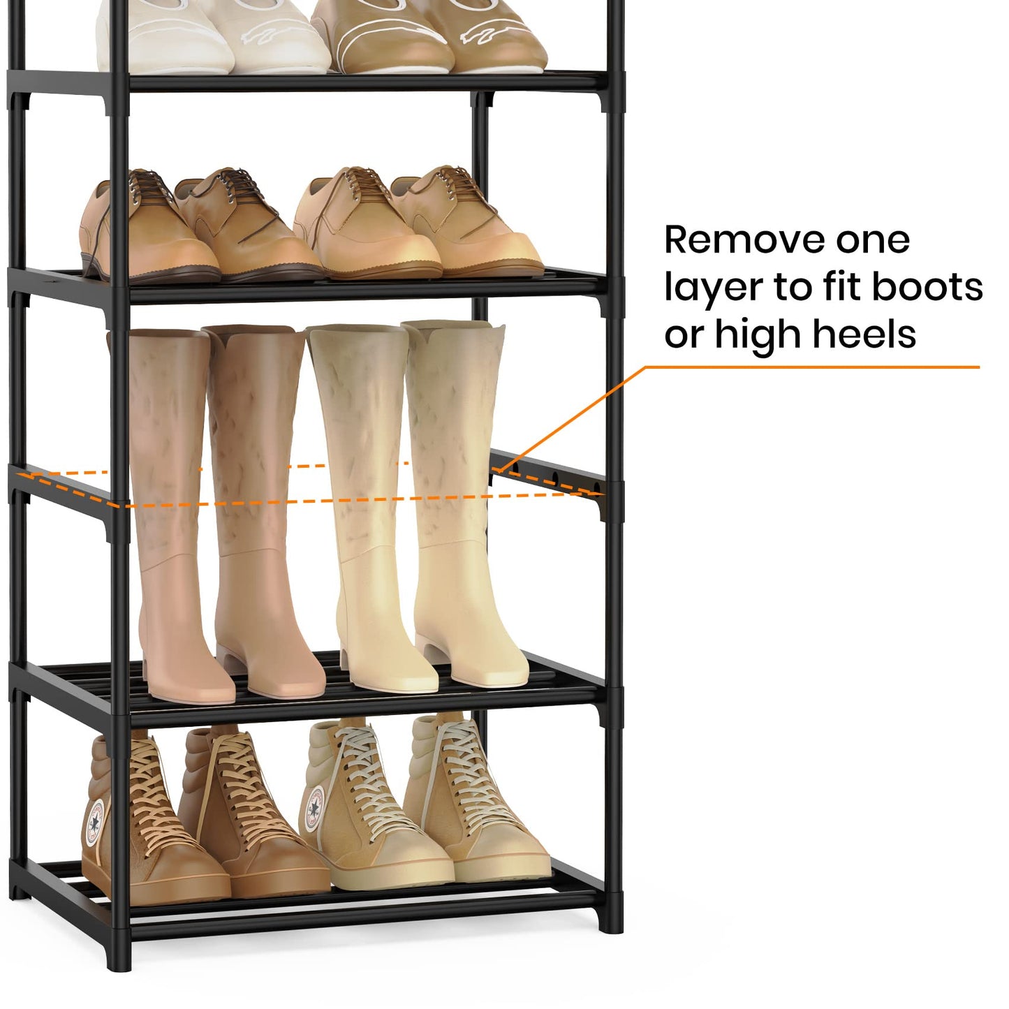 WEXCISE Narrow Shoe Rack 10 Tiers Tall Shoe Rack for Entryway 20 24 Pairs Shoe & Boots Organizer Storage Shelf Durable Black Metal Stackable Shoe Cabinet with Hooks, 17.1D x 11.8W x 78.7H in