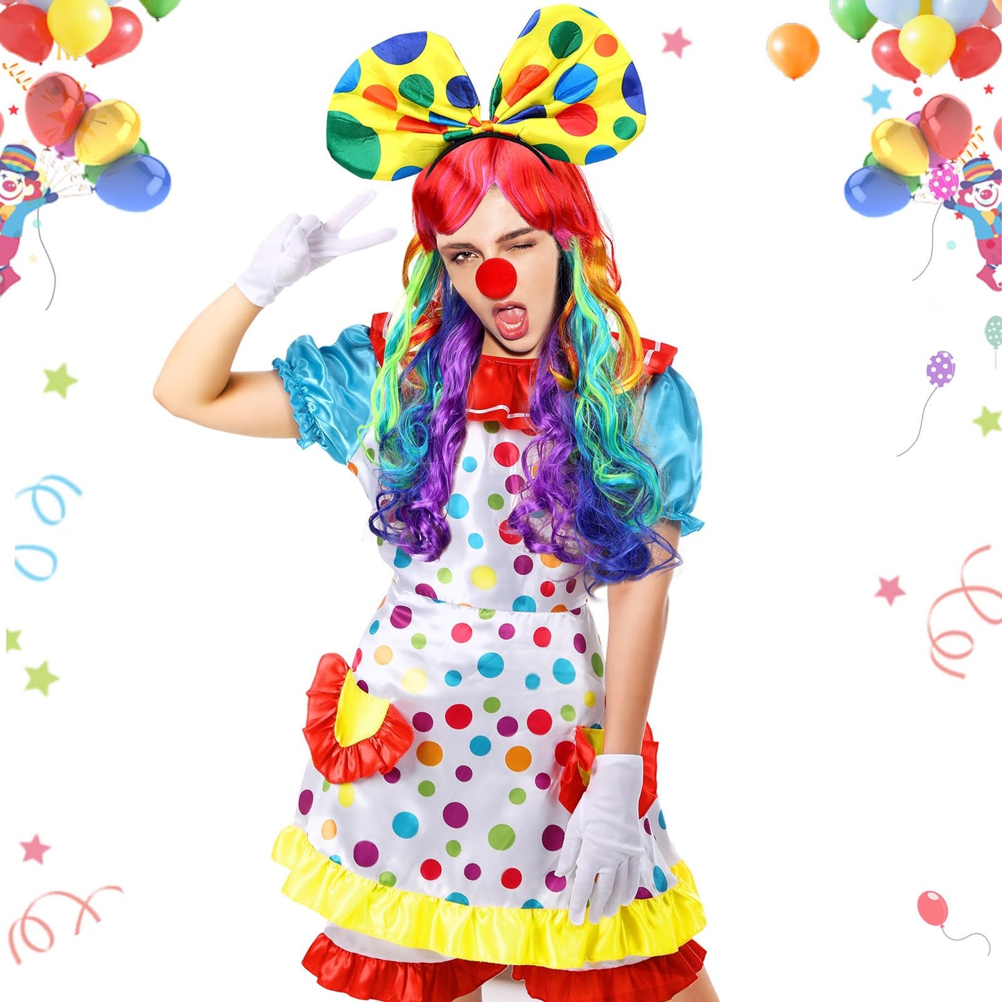 6 Pcs Clown Costume Set Women Circus Dress Rainbow Clown Wig Headband Nose Shorts Gloves for Halloween cosplay(Medium)