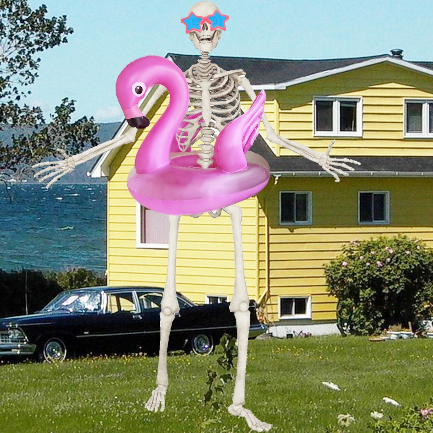 2Pcs 12ft Skeleton Summer Accessories Kit with Flamingo Pool Float and Sunglasses Outdoor Giant Skelly Decor for 12 Foot Skeleton Garden Lawn Summer Party Decorations