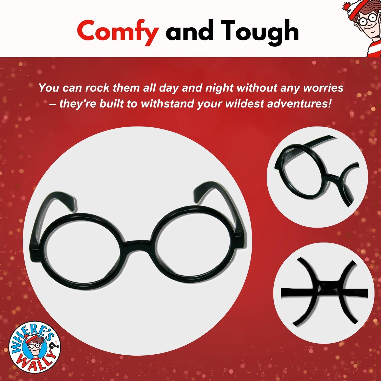 Wheres Waldo Costume Round Glasses for Men & Women - Fake Nerd Glasses Novelty Costume - Black Circle Cosplay Round Eyeglasses Disguise for Harry Potter, Minion, Scientist Character Outfit Accessory