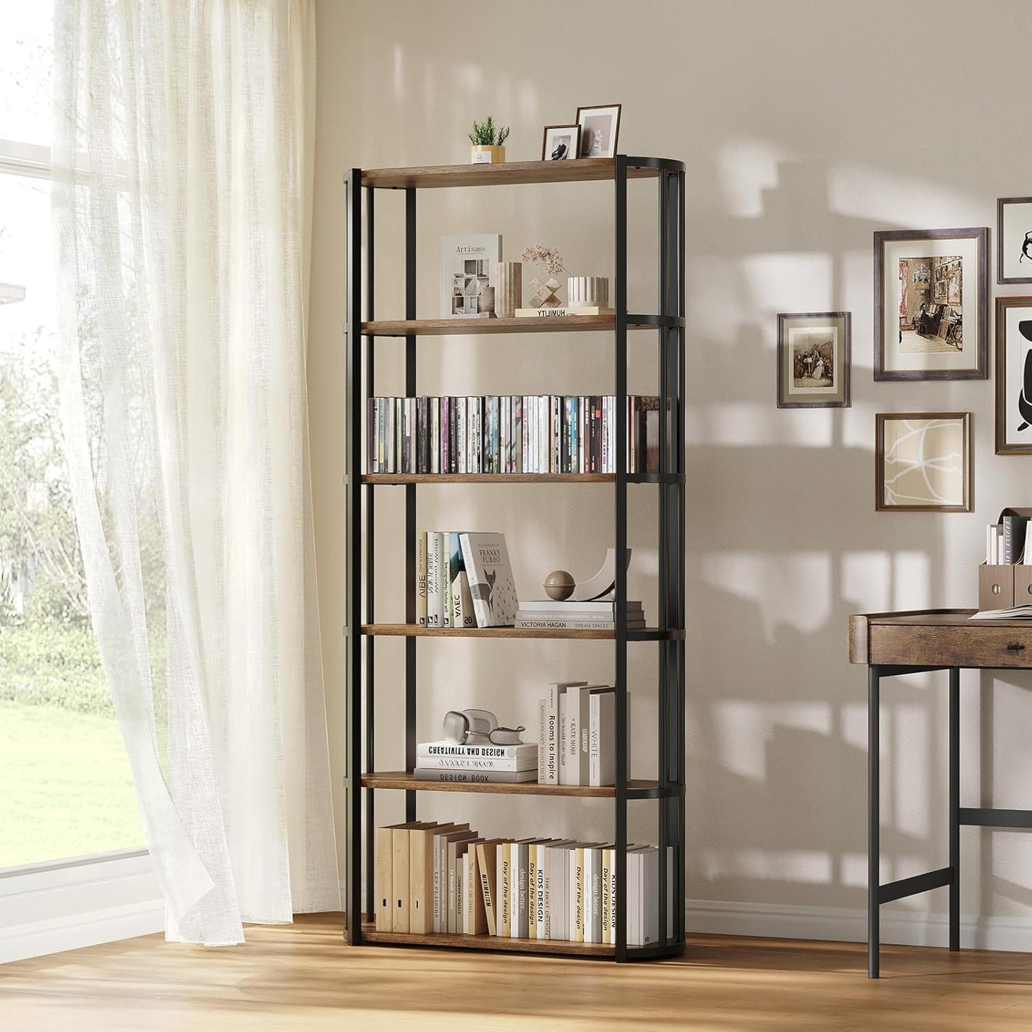 71 Inches Wooden Bookshelf, 6 Tier Industrial Tall Book Shelf, Metal Frame Large Open Bookcase, Freestanding Wooden Bookshelf Storage Rack for Bedroom, Living Room, Home Office, Rustic Brown and Black