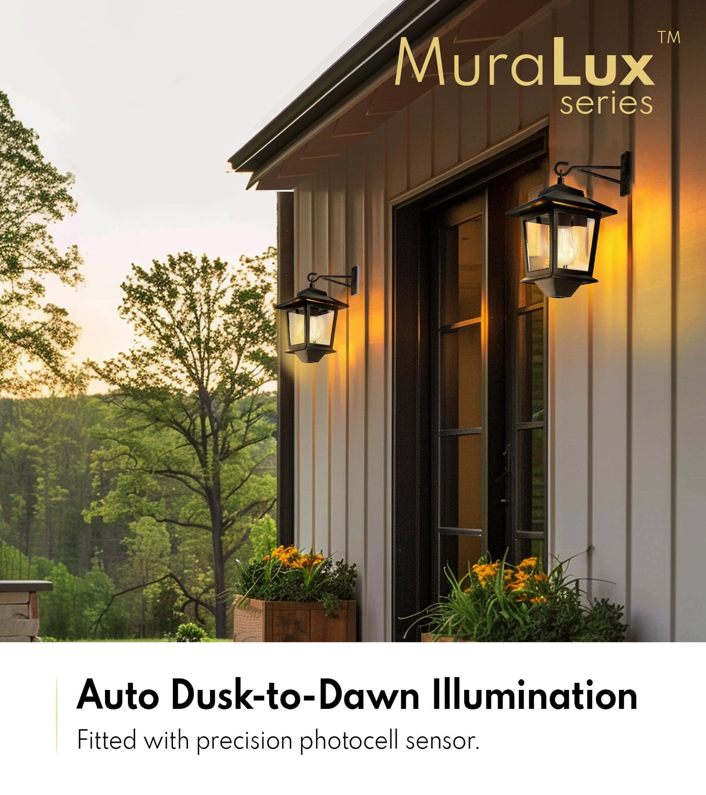 2 Pack Solar Wall Lanterns with Replaceable Bulb, Outdoor Hanging Solar Lights with 4 Solar Panels, Dusk to Dawn Led Outdoor Wall Sconce, Anti-Rust Waterproof Wall Lanterns with Hooks