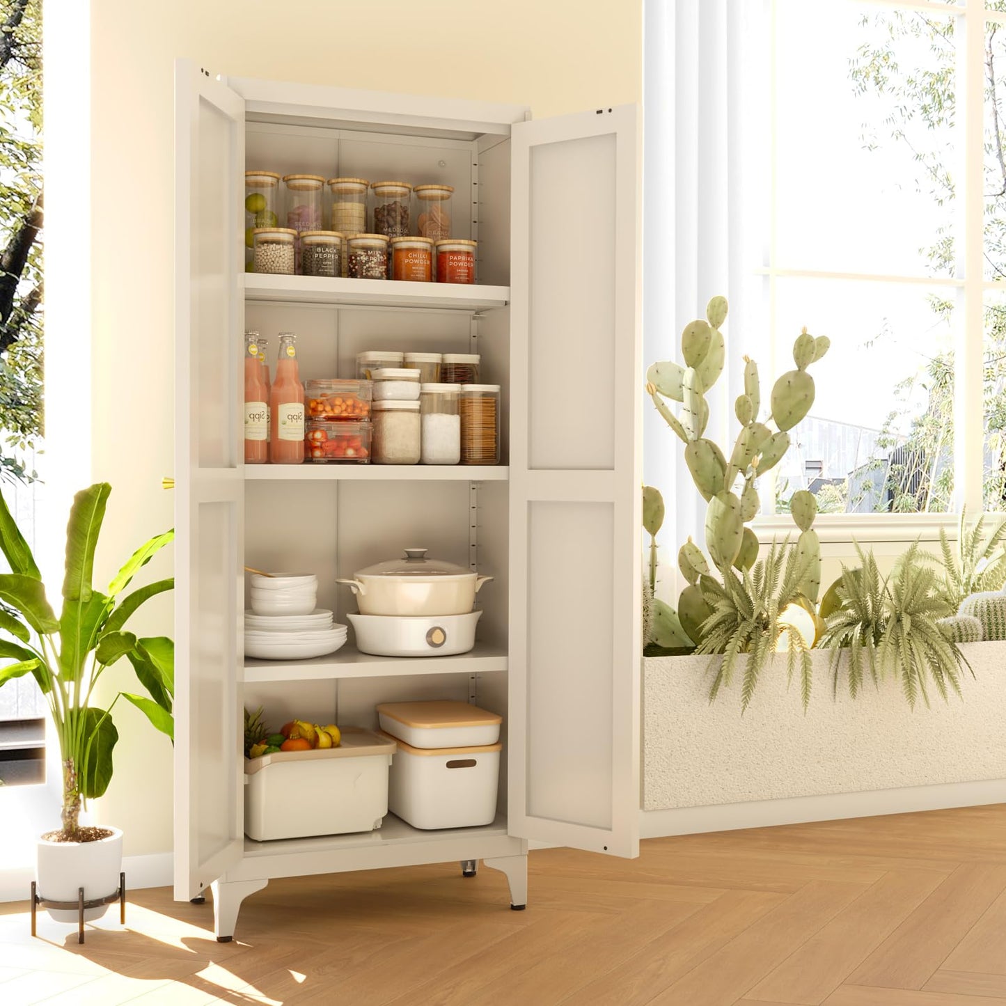 65" Tall Kitchen Cabinet,Food Pantry Cabinets with Doors and Adjustable Shelves,White Metal Storage Cabinets,Large and Portable Arganization Cabinet for Pantries Kitchen Living Room Bathroom