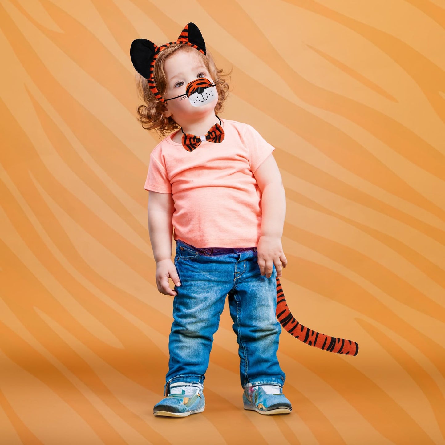 XEPST Animal Tiger Costume Set, Tiger Ears and Tail Set with Ears Headband Tail Nose Bowtie for Animal Costume Cosplay Birthday Party Halloween Fancy Dress Party Supplies, B