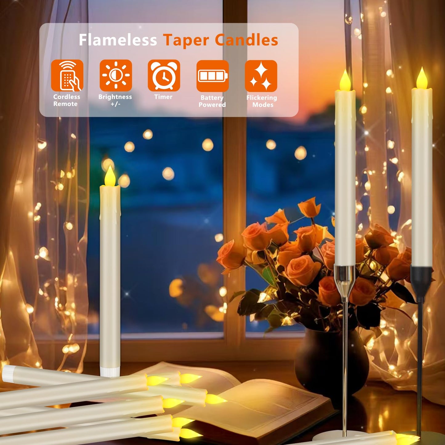 wemarry Flameless Taper Candles 10.6" Dripless Battery Operated with Remote Timer 6 Pack, 400+ Hours by 2 AA Batteries for Home Decor, Candlelight Dinner, Weddings