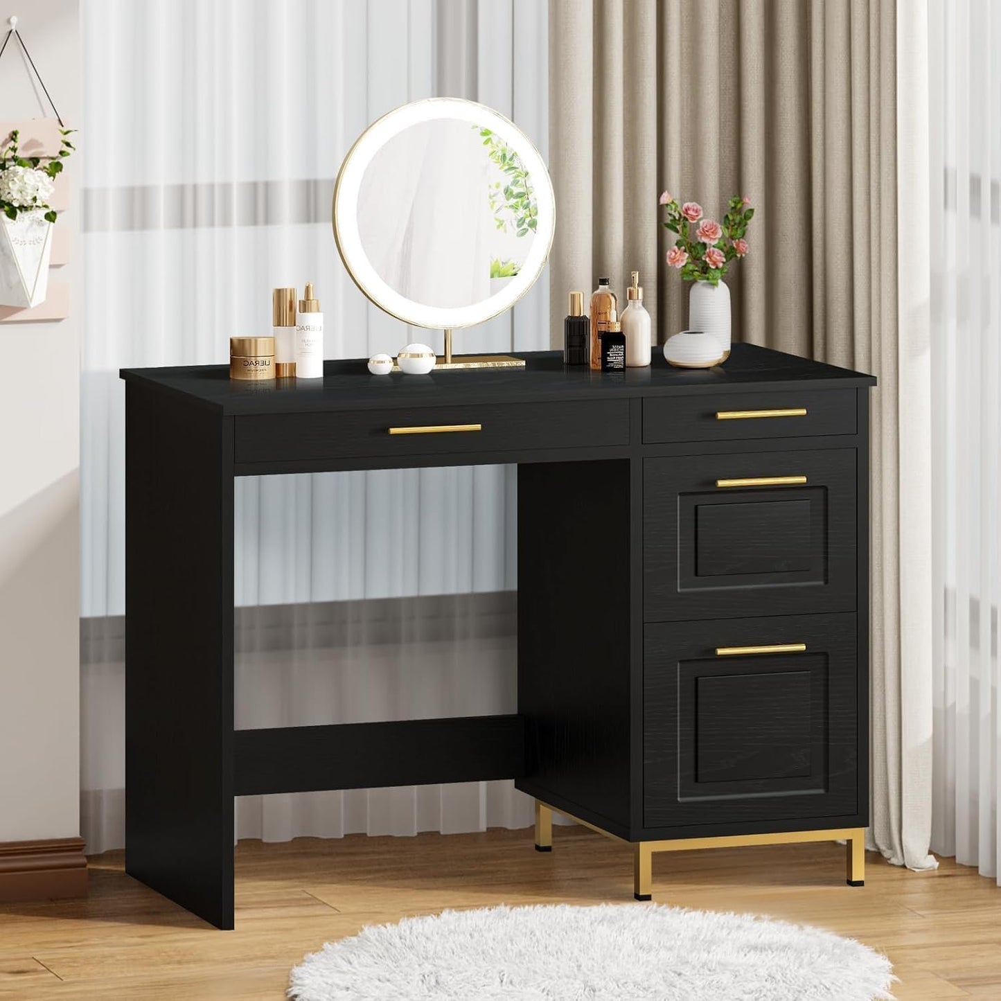 4 EVER WINNER Black Desk with Drawers, Modern Home Office Desks with Golden Handles and Drawers, Computer Table for Small Spaces, Black and Gold Desk