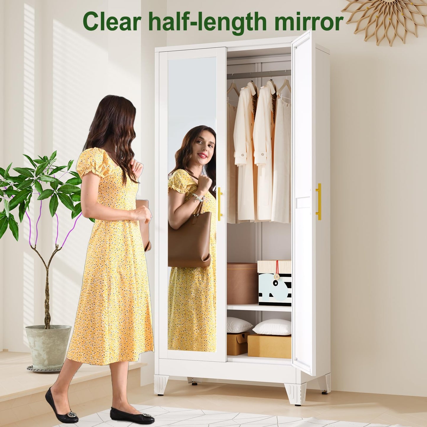 winiowa Metal Armoire Wardrobe Closet with 2 Mirror Doors, 71"' Wardrobe Cabinet with Adjustable Shelves and Hanging Rod, Clothing Storage Cabinet Closet with Mirror for Bedroom-White