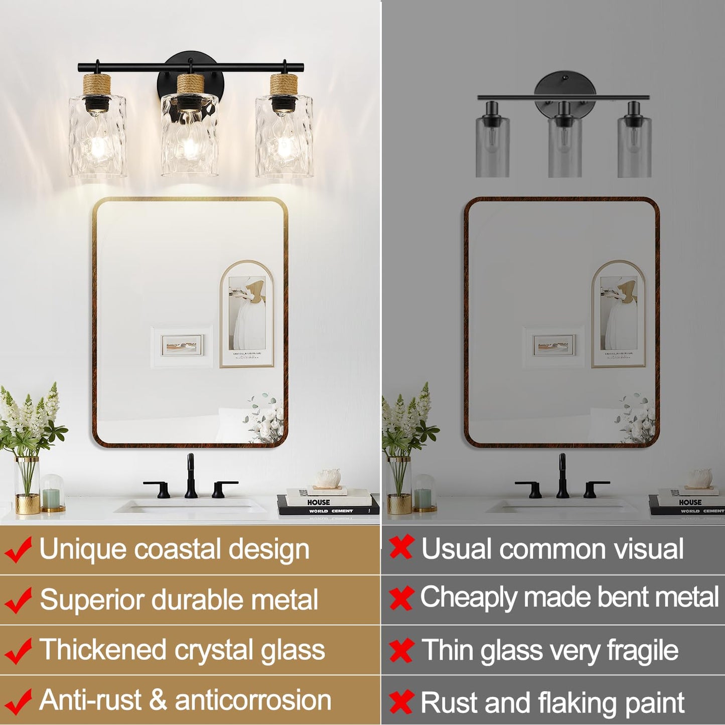 2025 Upgrade 3-Light Bathroom Light Fixtures, Coastal Vanity Lights with Crystal Glass Shade, Black Bathroom Wall Lamp for Mirror Kitchen Hallway Cabinet