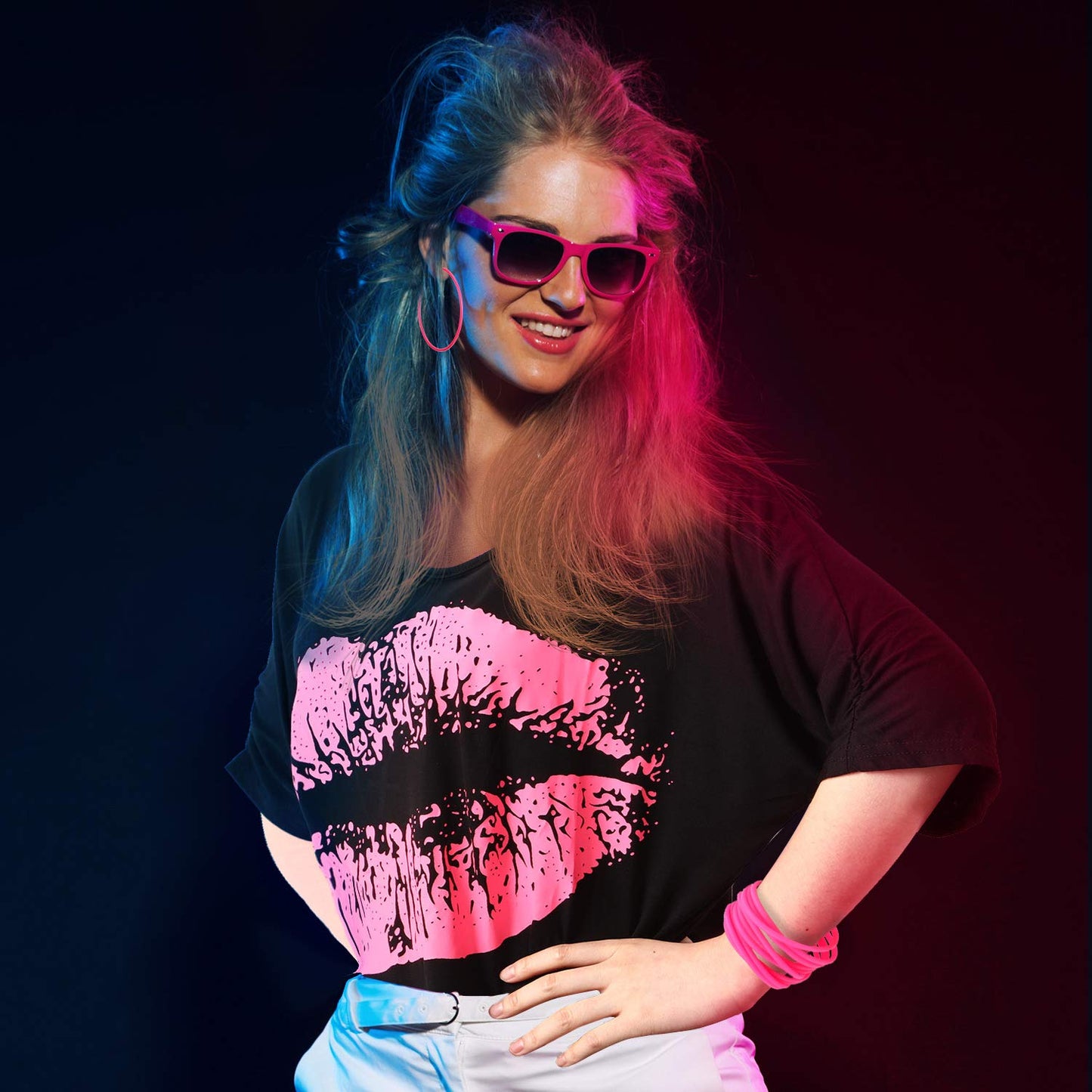 80s Costumes for Women, Lips Print T Shirt Lace Headband Earrings Necklace Bracelet for 80s Theme Party(Rose Red,L)