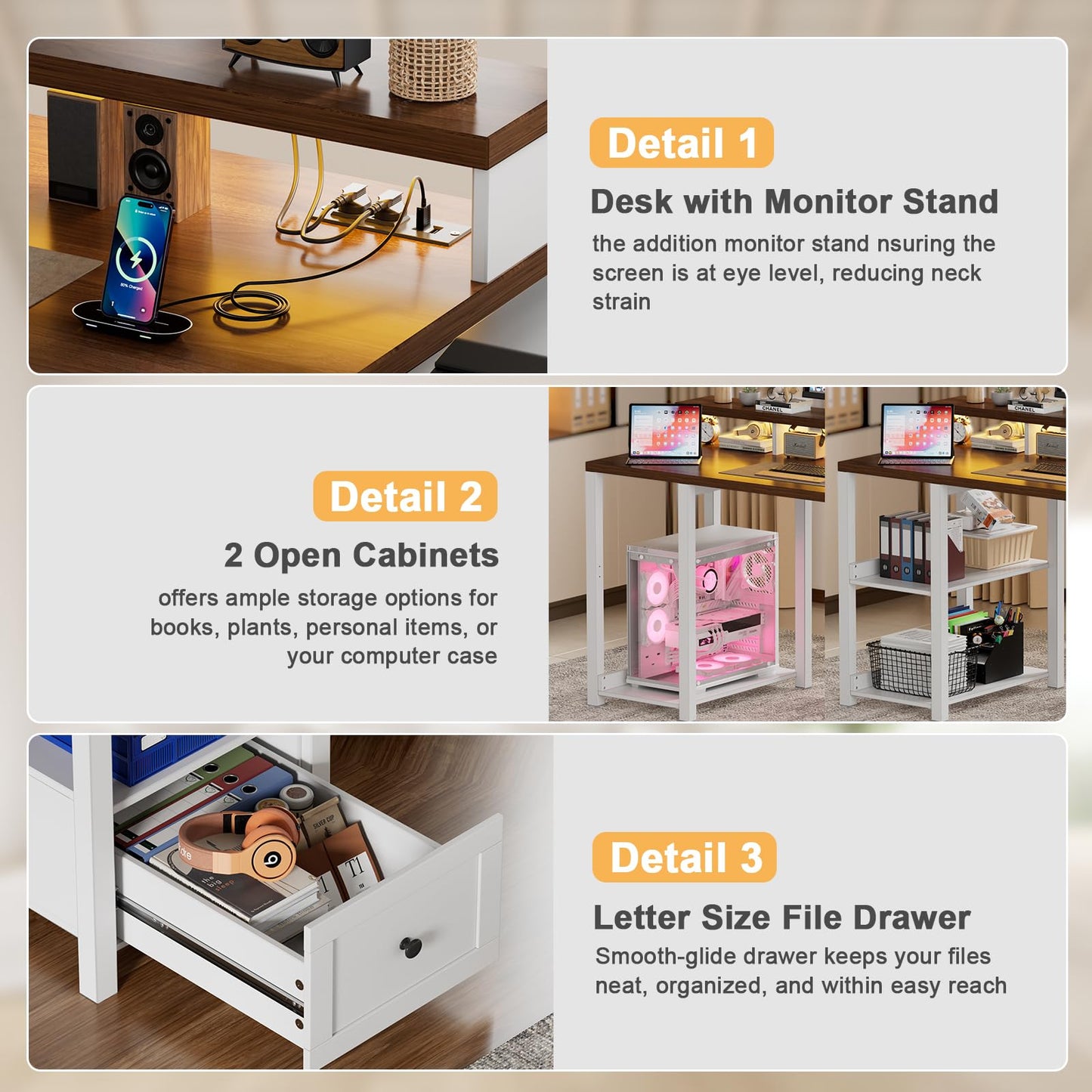 61.2 '' Computer Desk with Drawer & Power Outlets, Farmhouse Ergonomic Office Desks with Long Monitor Stand,Wood Computer Table with Printer Space, Home Office Desk with LED Strip for Work,White