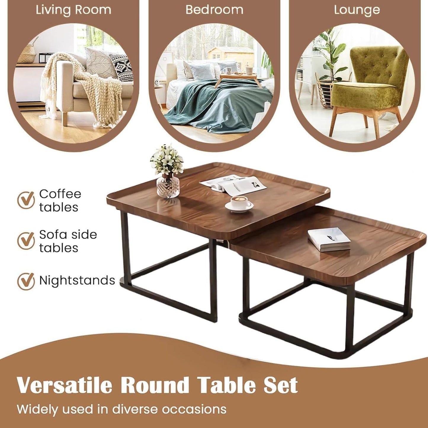 Windpost Square Nesting Coffee Table Set of 2, 23.6"+19.7" Nesting Tables,Small Square Coffee Table with Fluted,Center Table for Living Room Bedroom Office Balcony Yard (Walnut)