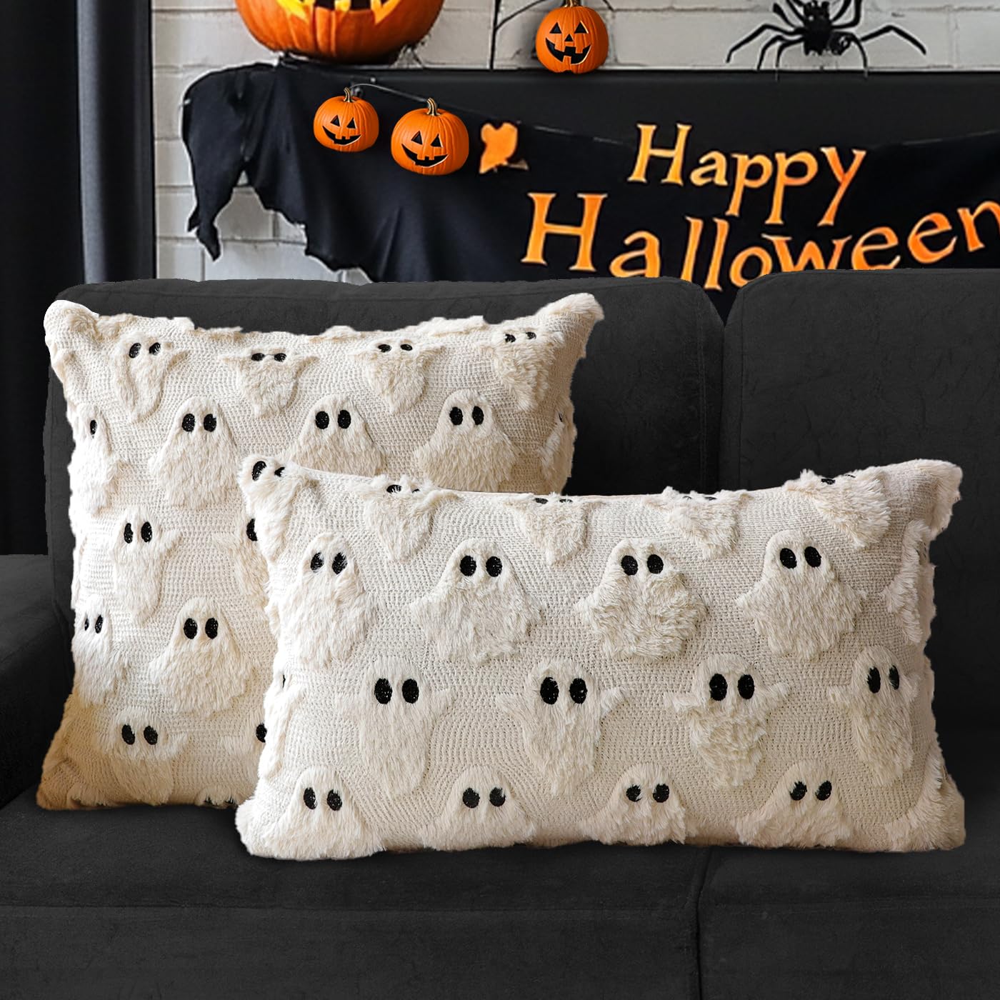 4TH Emotion Halloween Ghost Decorative Pillow Covers 18x18 Set of 2, Beige Soft Plush Faux Fur Farmhouse Throw Cushion Cases for Fall Autumn Holiday Home Decorations