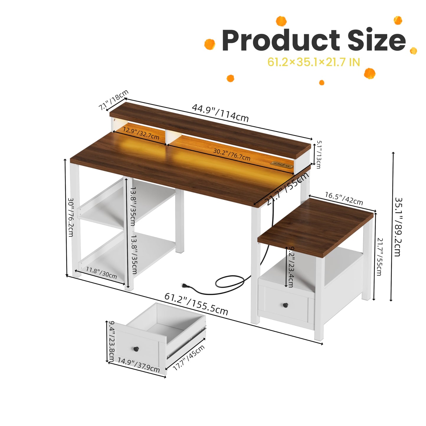 61.2 '' Computer Desk with Drawer & Power Outlets, Farmhouse Ergonomic Office Desks with Long Monitor Stand,Wood Computer Table with Printer Space, Home Office Desk with LED Strip for Work,White