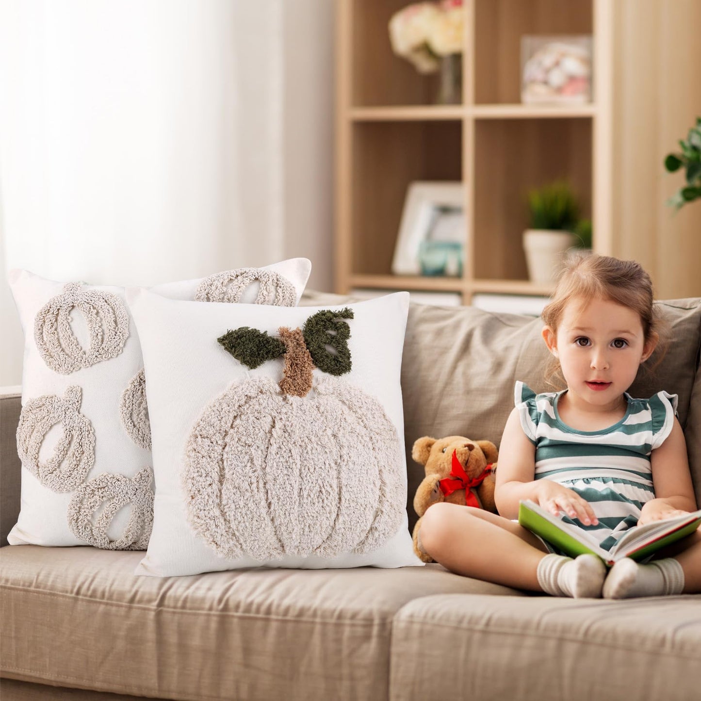 2 PCS Pumpkin Pillow Covers Fall Pillow Covers 18x18 Inch Square Beige White Linen Embroidered Throw Pillow Cases Autumn Halloween Thanksgiving Soft Decor for Sofa Bed Couch Living Room Farmhouse Home