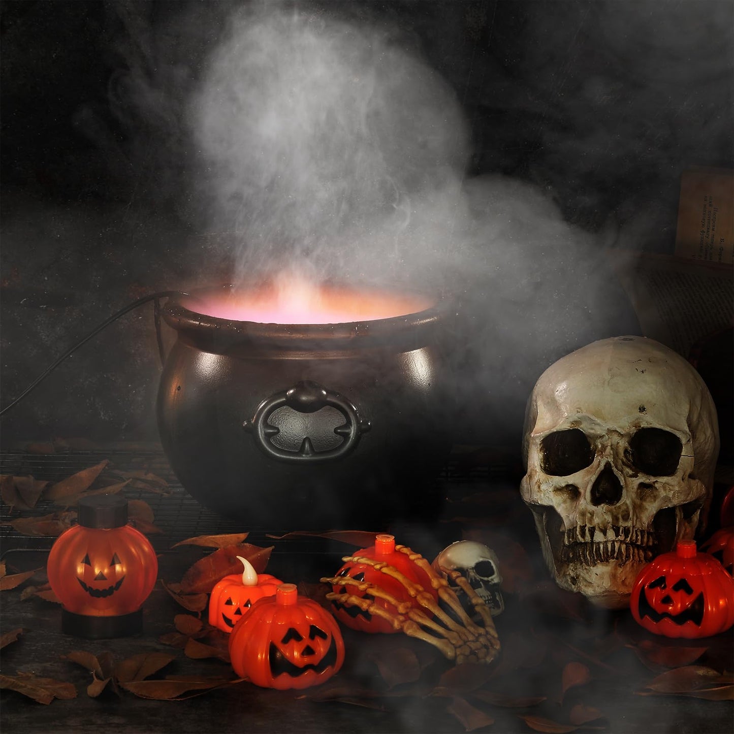Wettarn Halloween Cauldron Decorations 8" Witch Plastic Smoking Cauldron Bowl with Handle Mist Maker Fogger 12 LED Lights Fog Machine Atomizer Large Smoking Pot Punch Bowl for Indoor Outdoor Parties
