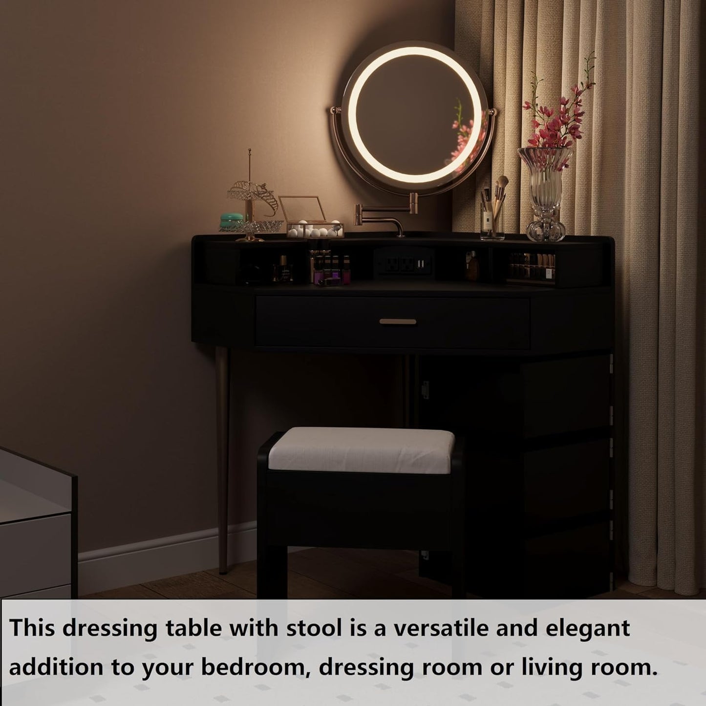 Vliekcy Black Corner Vanity Desk Makeup Vanity Table with Extendable Mirror and Lights Makeup Dressing Table with Drawers Charging Station Stool Vanity Set for Girls Women